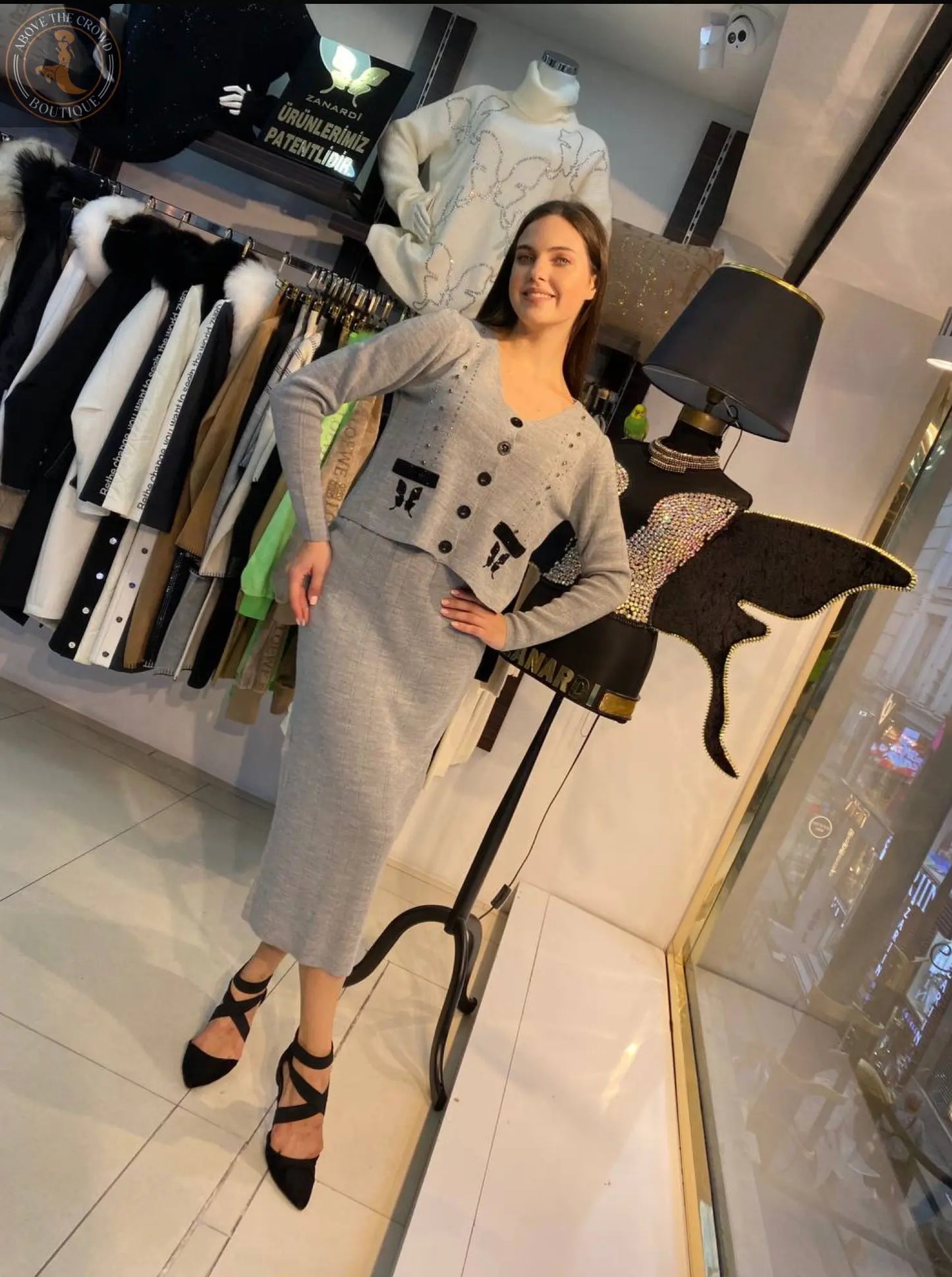 Crystal Accent Knit Skirt Suit - Above the Crowd Boutique