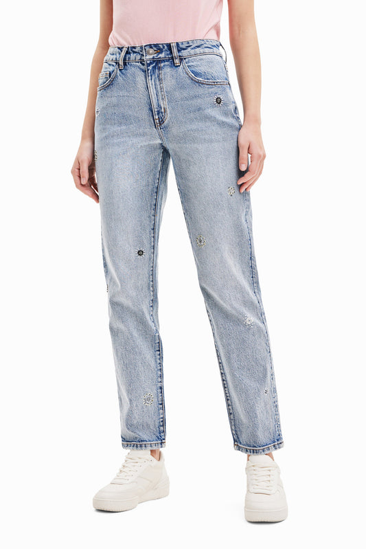 Desigual Appliquéd Straight-Leg Jeans: Unique European Denim with Distressed Details Desigual