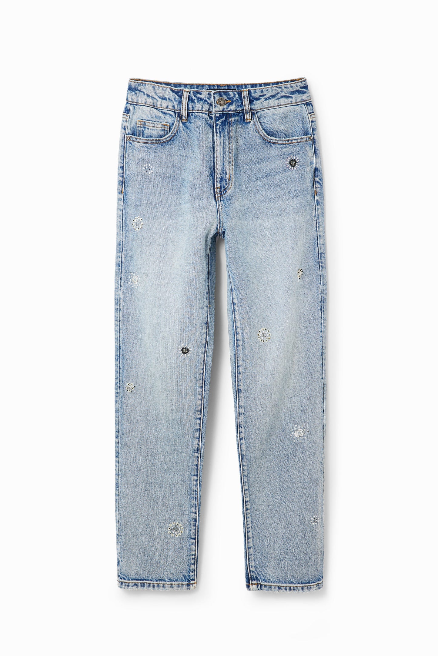 Desigual Appliquéd Straight-Leg Jeans: Unique European Denim with Distressed Details Desigual