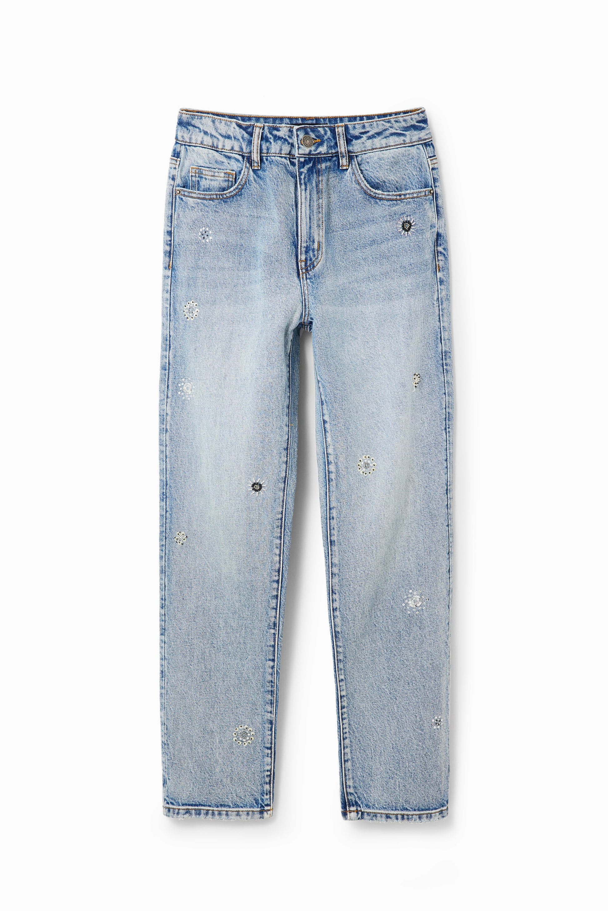 Desigual Appliquéd Straight-Leg Jeans: Unique European Denim with Distressed Details Desigual
