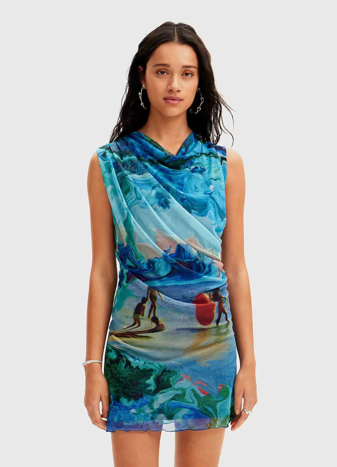 Desigual Artistic Cowl Neck Mini Dress - Vibrant Ocean Print European Style Desigual