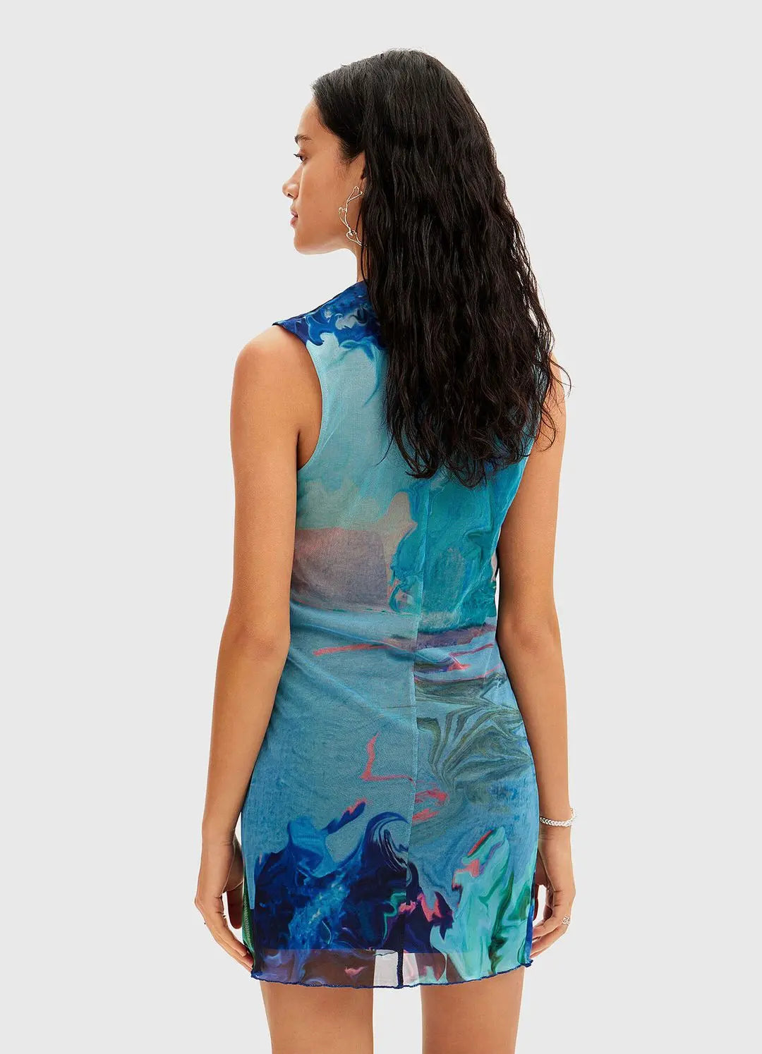 Desigual Artistic Cowl Neck Mini Dress - Vibrant Ocean Print European Style Desigual