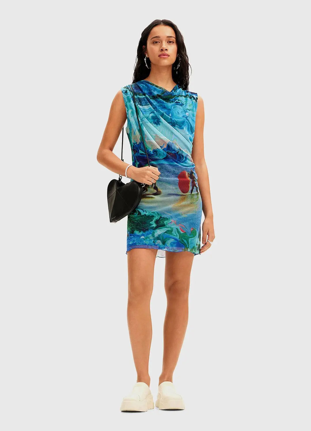 Desigual Artistic Cowl Neck Mini Dress - Vibrant Ocean Print European Style Desigual