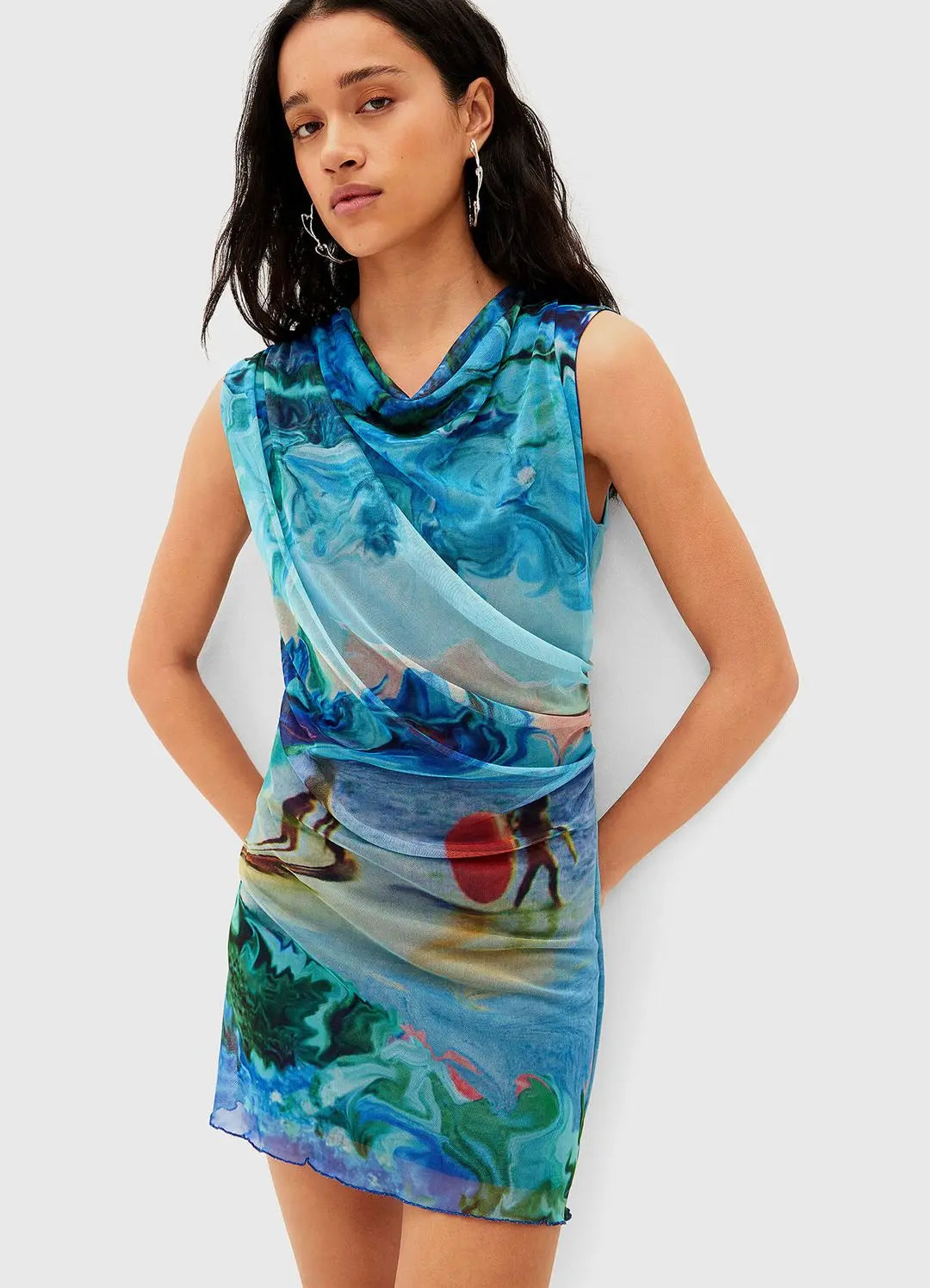 Desigual Artistic Cowl Neck Mini Dress - Vibrant Ocean Print European Style Desigual