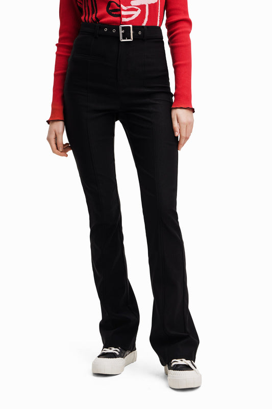 Desigual Belted Flare Trousers - Black Stretch Pants with Removable Belt Desigual