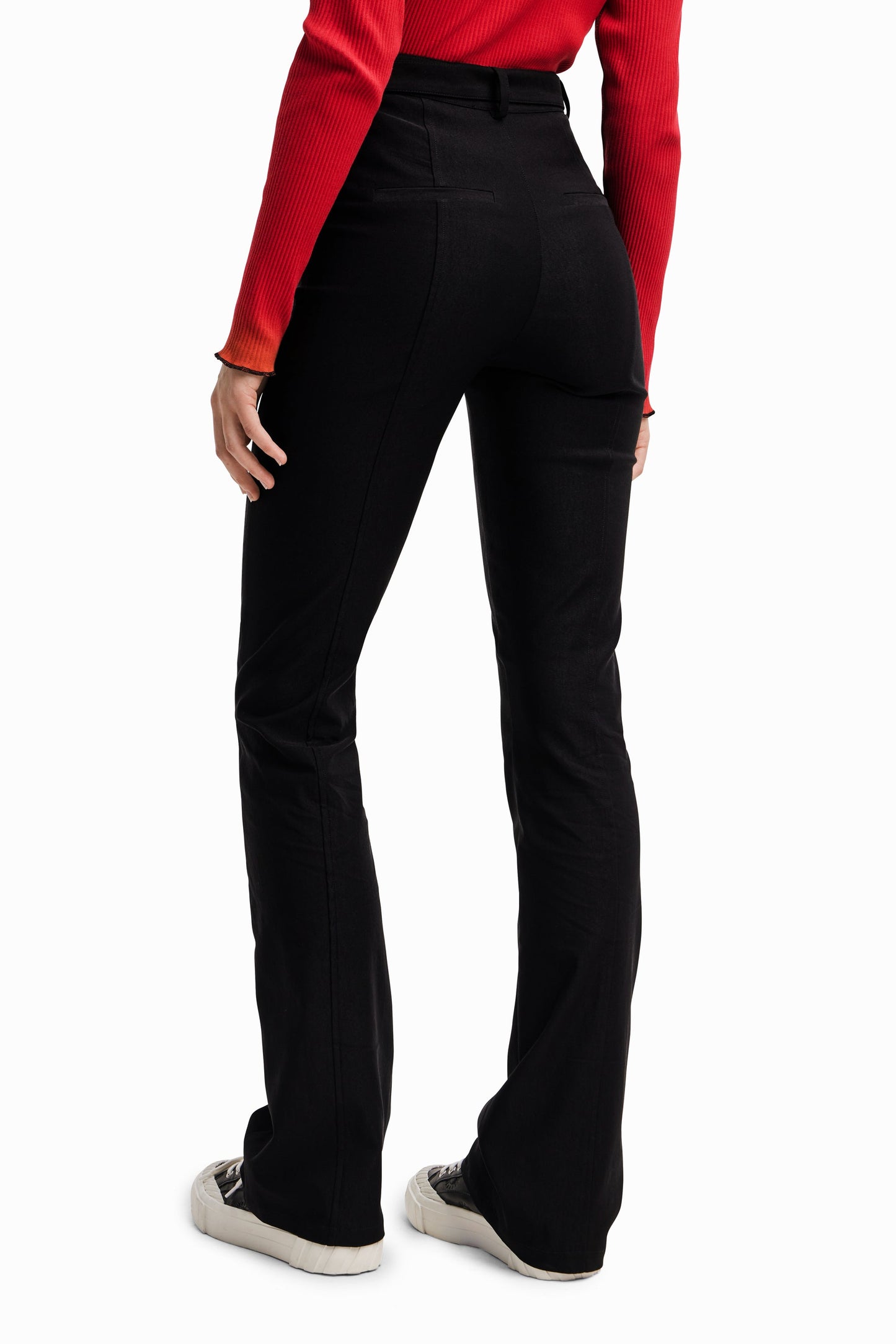 Desigual Belted Flare Trousers - Black Stretch Pants with Removable Belt Desigual