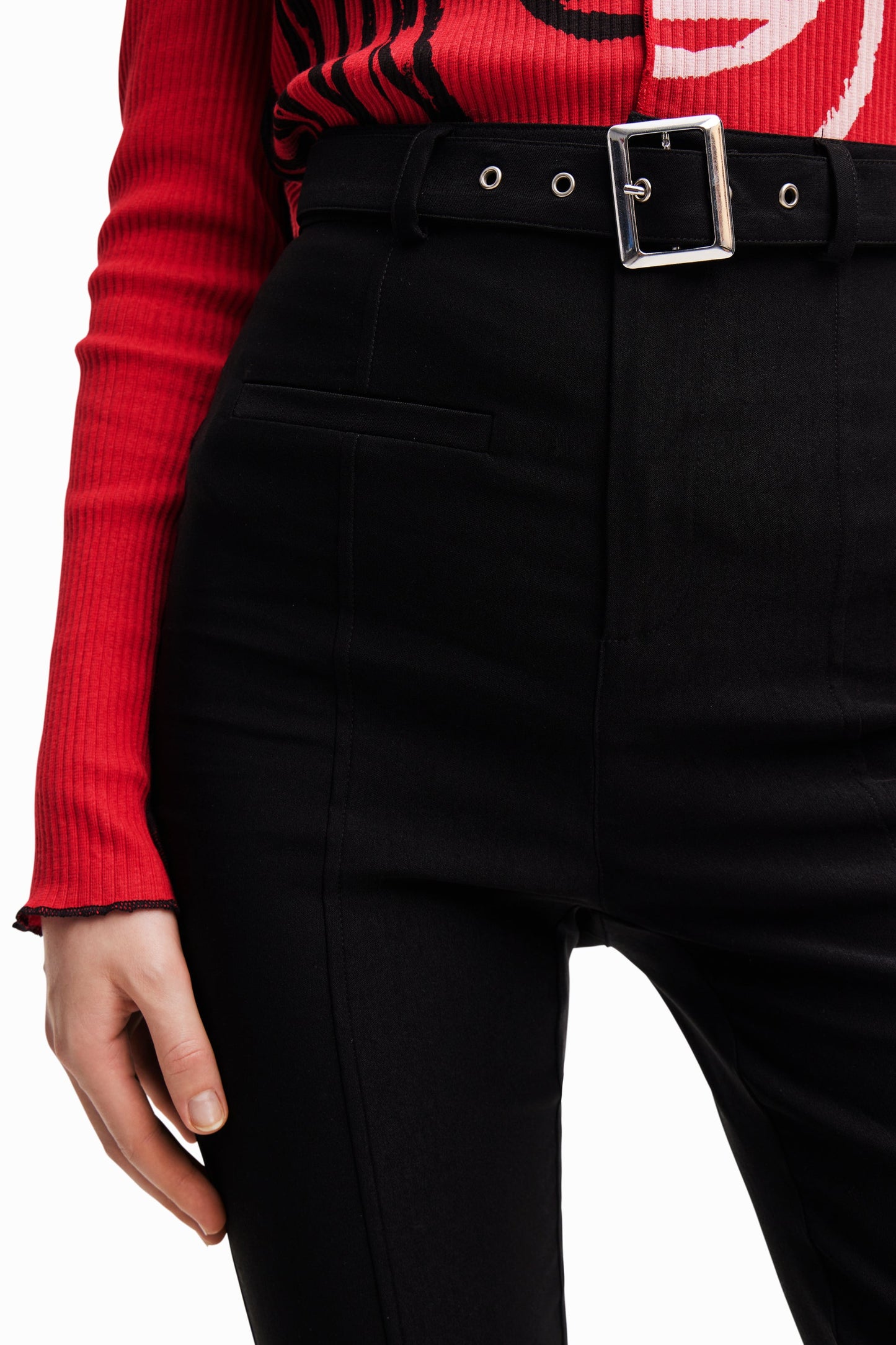 Desigual Belted Flare Trousers - Black Stretch Pants with Removable Belt Desigual