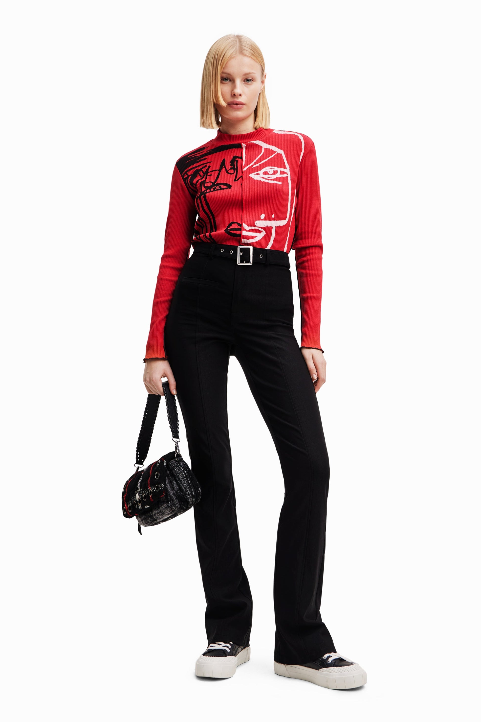 Desigual Belted Flare Trousers - Black Stretch Pants with Removable Belt Desigual