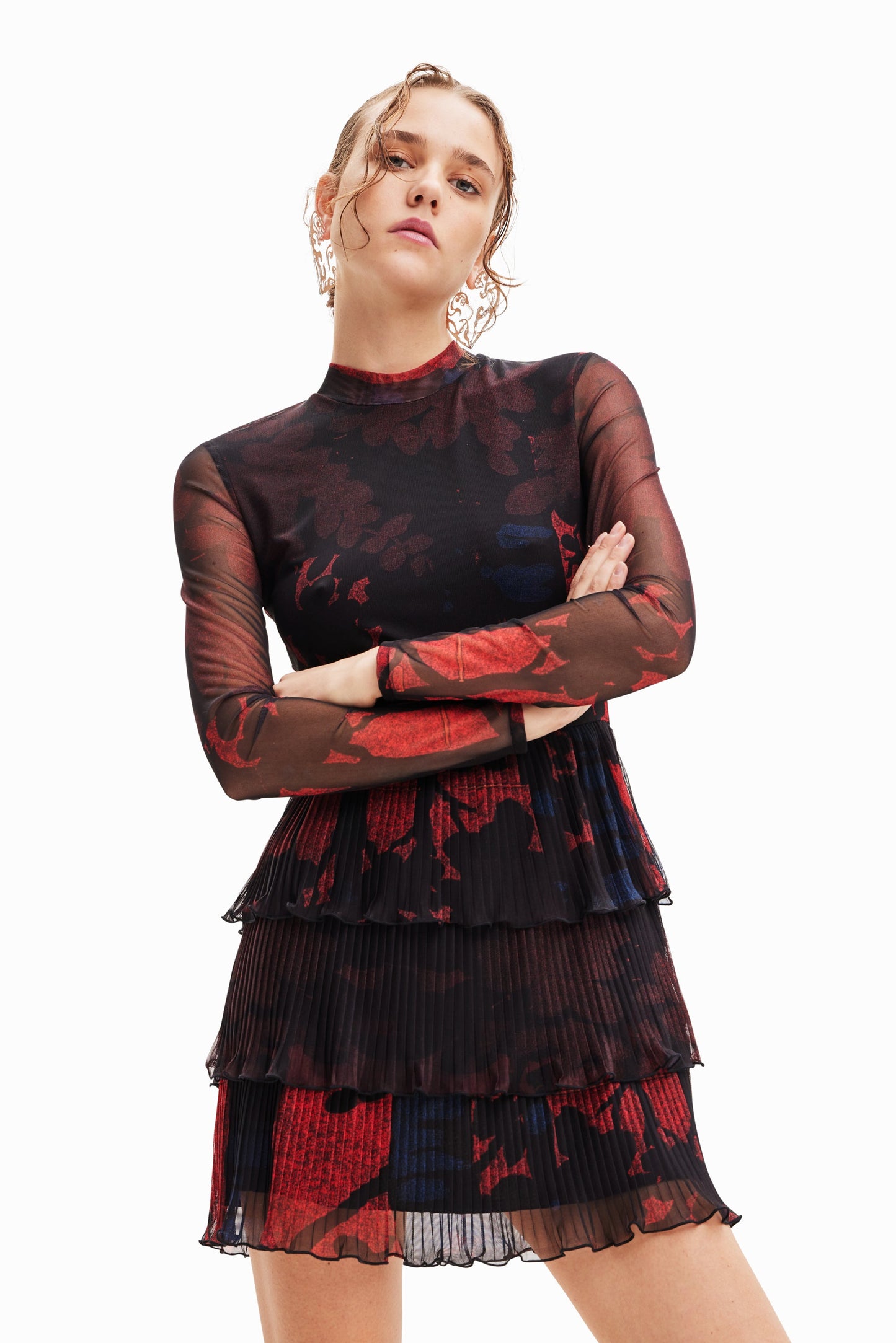 Desigual Christian Lacroix Pleated Mini Dress - Forest Print Sheer Sleeve A-Line Desigual