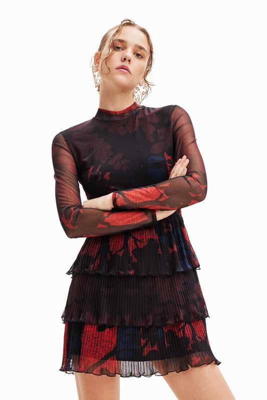 Desigual Christian Lacroix Pleated Mini Dress - Forest Print Sheer Sleeve A-Line Desigual