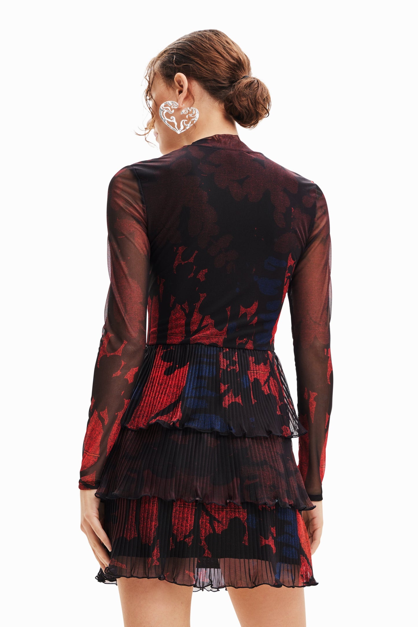 Desigual Christian Lacroix Pleated Mini Dress - Forest Print Sheer Sleeve A-Line Desigual