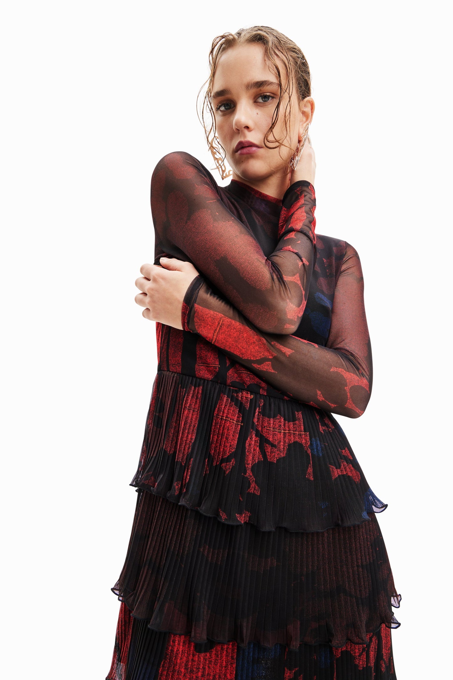 Desigual Christian Lacroix Pleated Mini Dress - Forest Print Sheer Sleeve A-Line Desigual