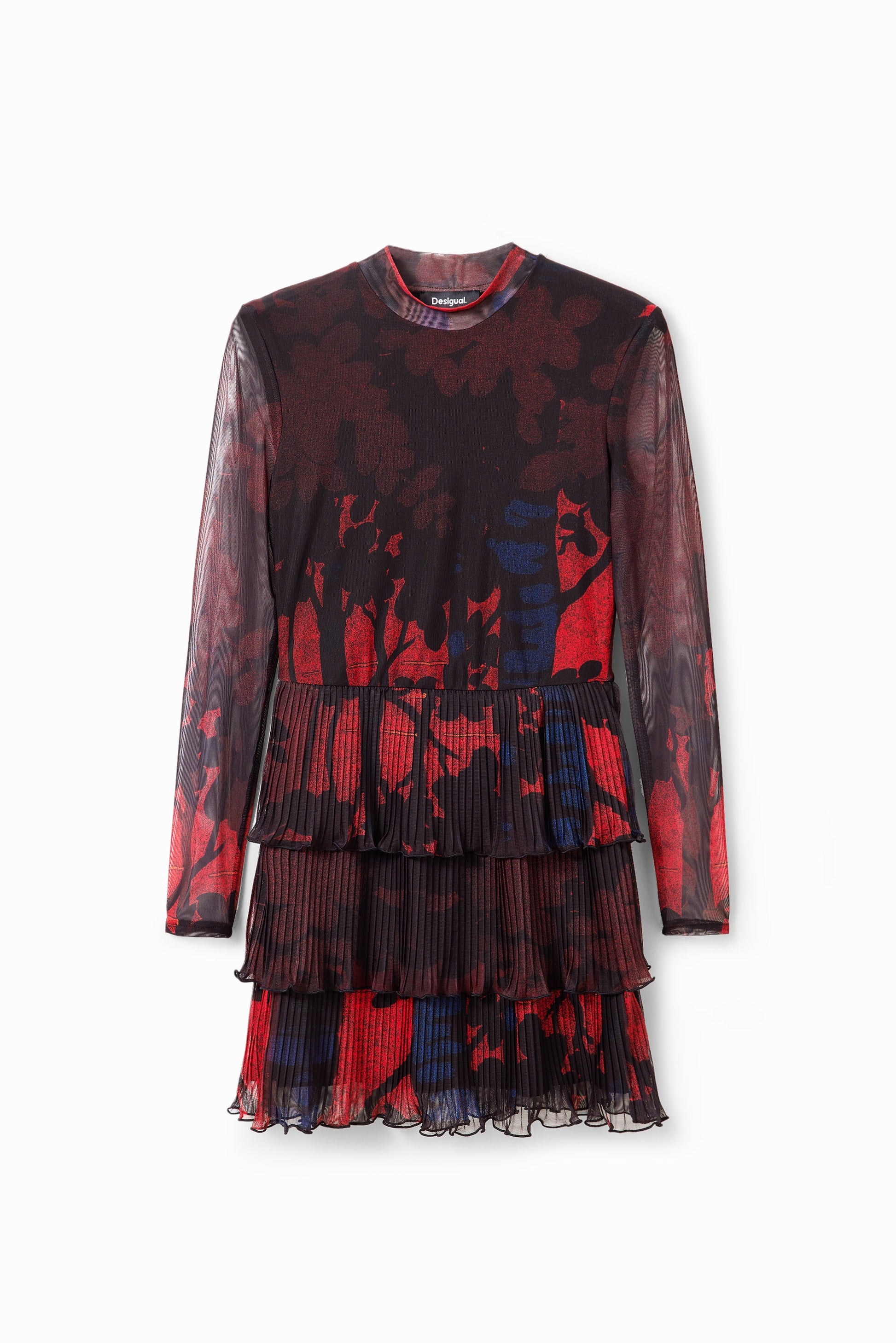 Desigual Christian Lacroix Pleated Mini Dress - Forest Print Sheer Sleeve A-Line Desigual