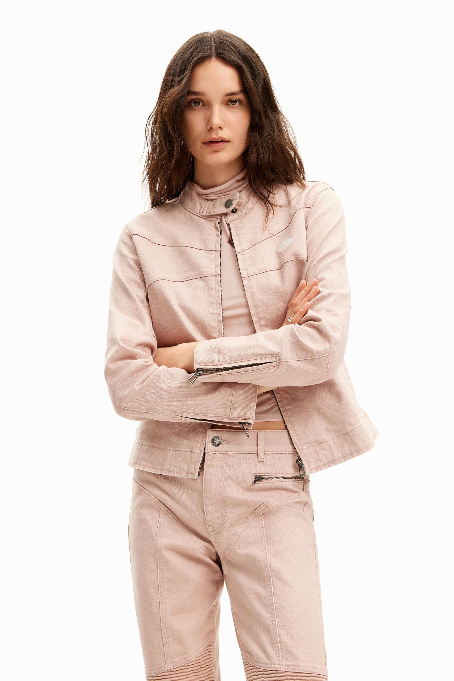 Desigual Denim Biker Jacket - Washed Effect, Accentuated Seams - Stand Out From The Crowd Desigual