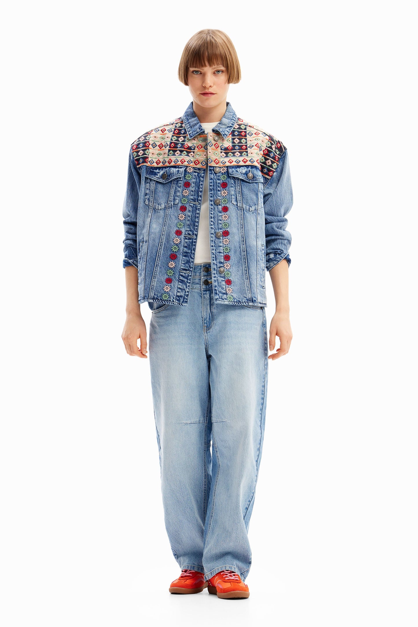 Desigual Embroidered Denim Trucker Jacket - Unique European Style, Women's Fit Desigual