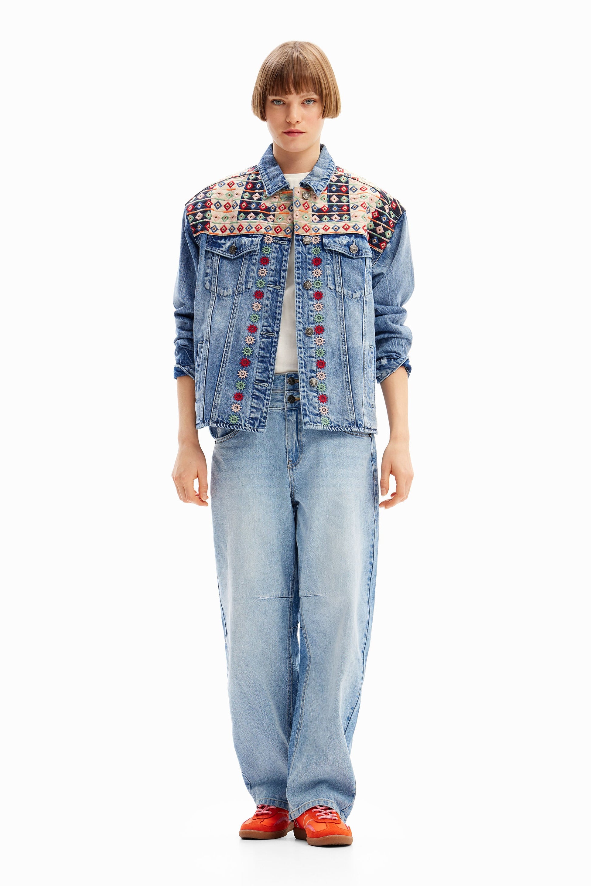 Desigual Embroidered Denim Trucker Jacket - Unique European Style, Women's Fit Desigual