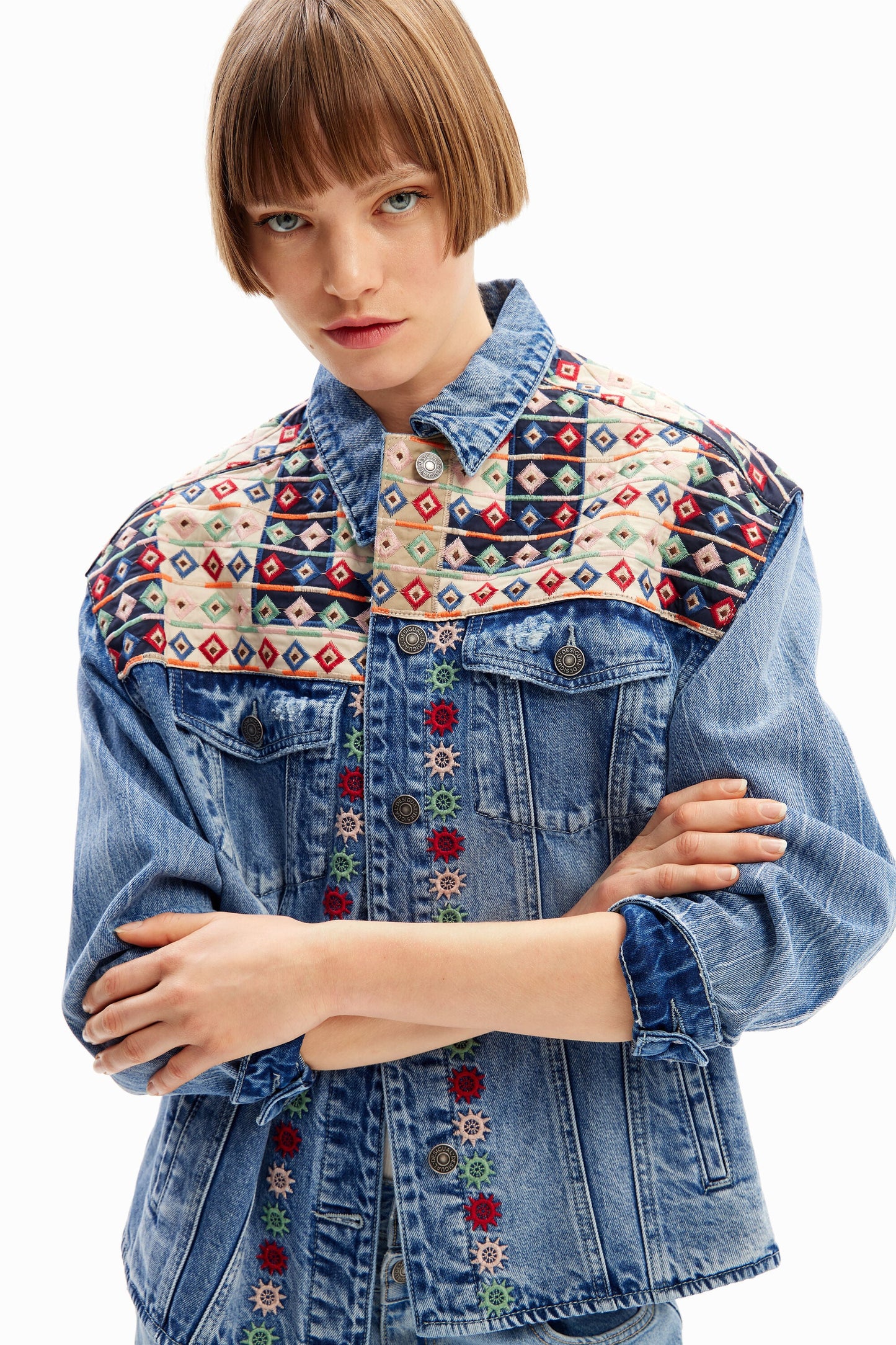 Desigual Embroidered Denim Trucker Jacket - Unique European Style, Women's Fit Desigual