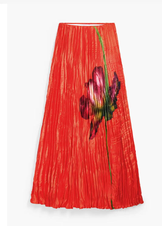 Desigual FAL_FOLLET Pleated Maxi Skirt - Orange Floral - Unique European Style Desigual