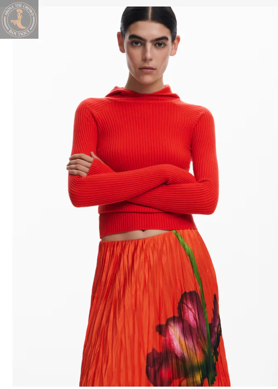 Desigual FAL_FOLLET Pleated Maxi Skirt - Orange Floral - Unique European Style Desigual