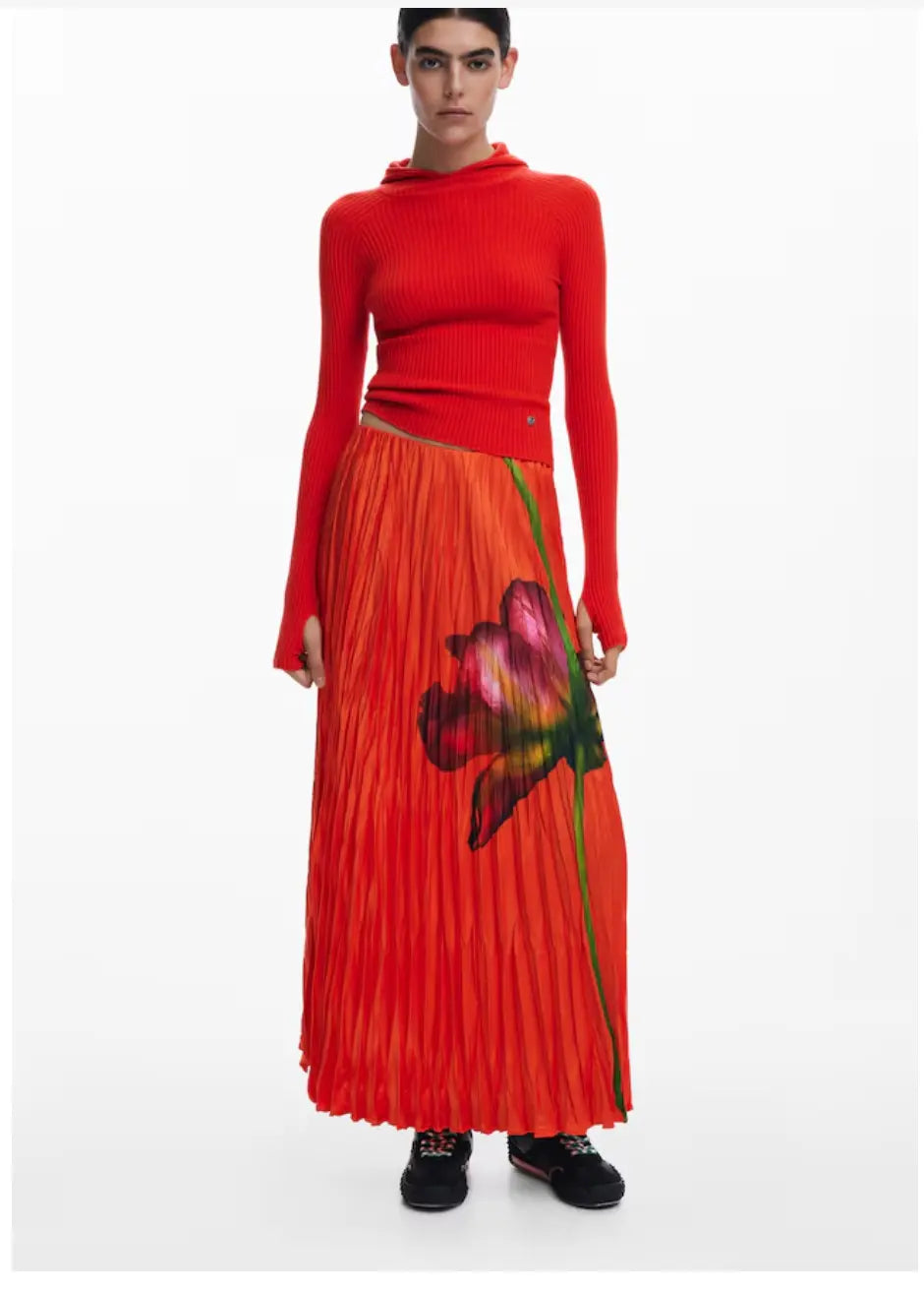 Desigual FAL_FOLLET Pleated Maxi Skirt - Orange Floral - Unique European Style Desigual
