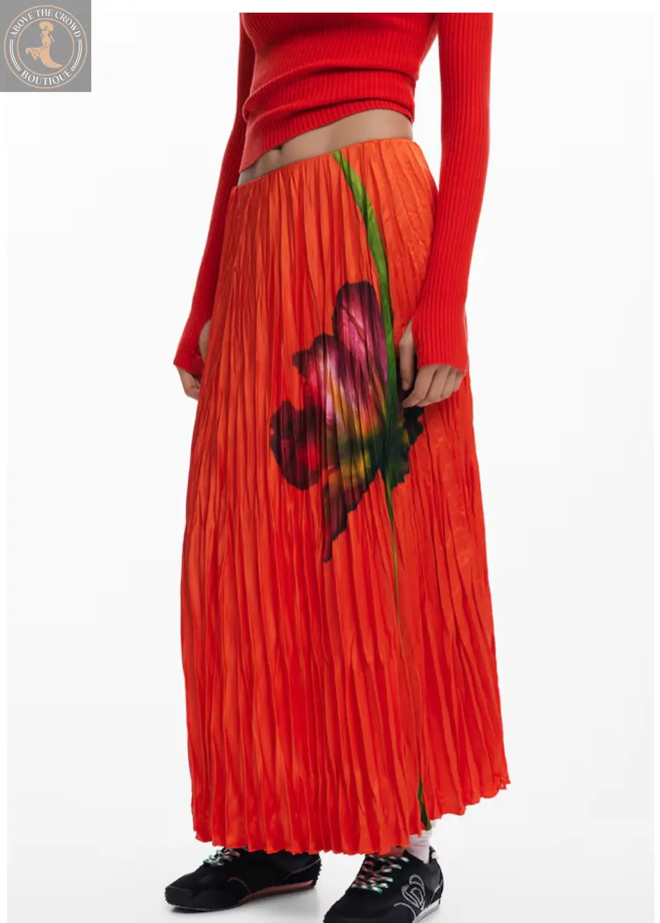 Desigual FAL_FOLLET Pleated Maxi Skirt - Orange Floral - Unique European Style Desigual