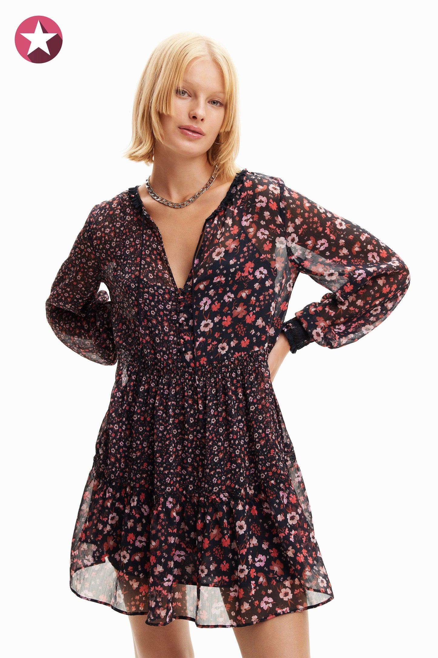 Desigual Floral Chiffon Dress - Short, Recycled Polyester, Ruffle Neck - Above The Crowd Boutique Desigual