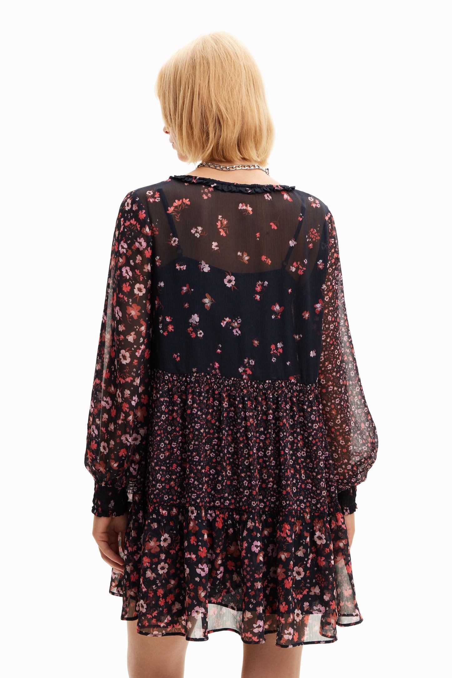 Desigual Floral Chiffon Dress - Short, Recycled Polyester, Ruffle Neck - Above The Crowd Boutique Desigual