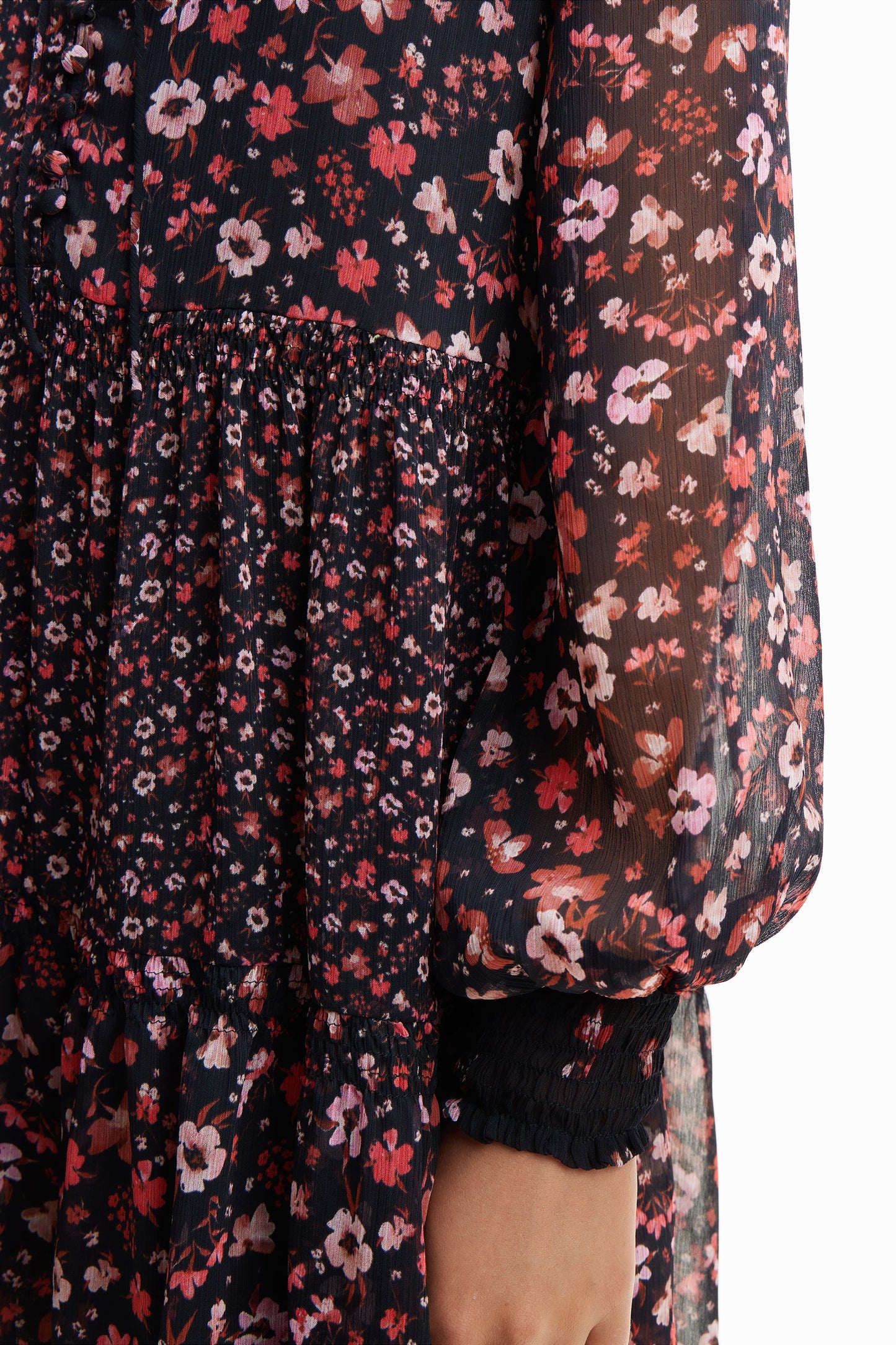 Desigual Floral Chiffon Dress - Short, Recycled Polyester, Ruffle Neck - Above The Crowd Boutique Desigual