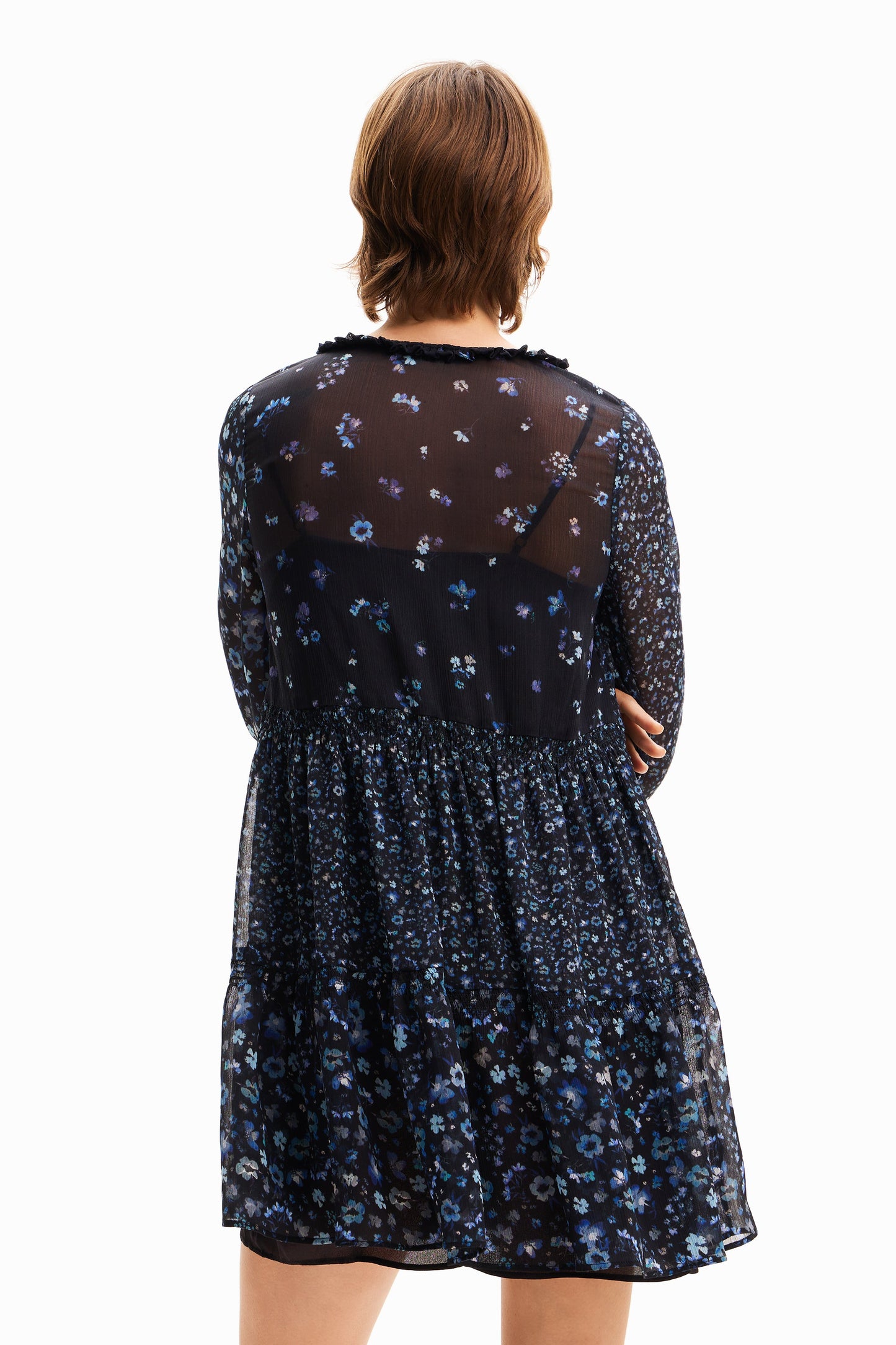 Desigual Floral Chiffon Dress - Short, Recycled Polyester, Ruffle Neck - Above The Crowd Boutique Desigual