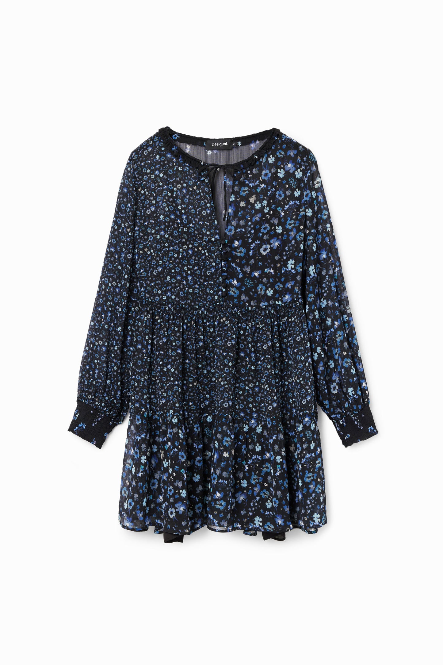 Desigual Floral Chiffon Dress - Short, Recycled Polyester, Ruffle Neck - Above The Crowd Boutique Desigual