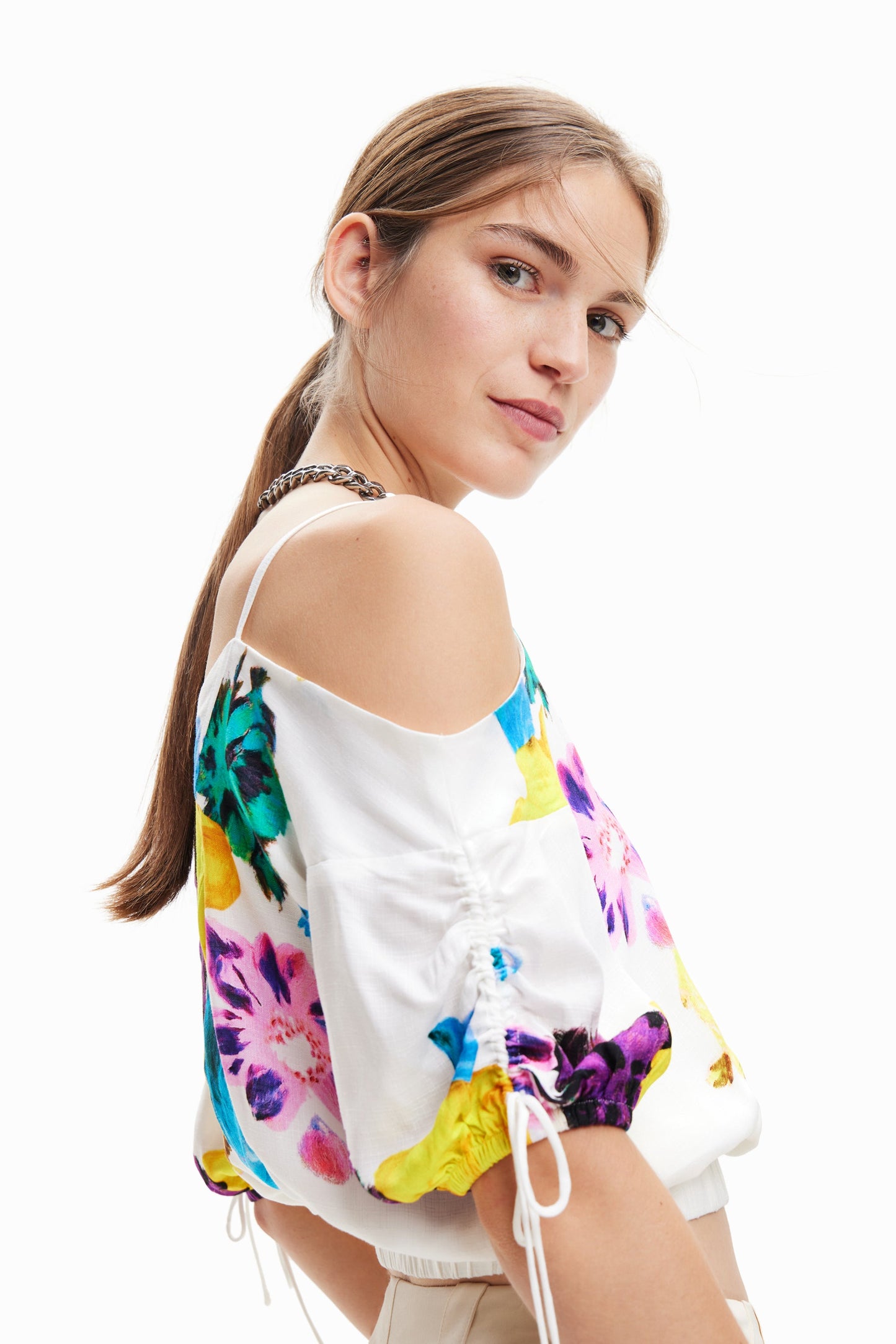 Desigual Floral Print Cold Shoulder Top - Vibrant European Style Desigual