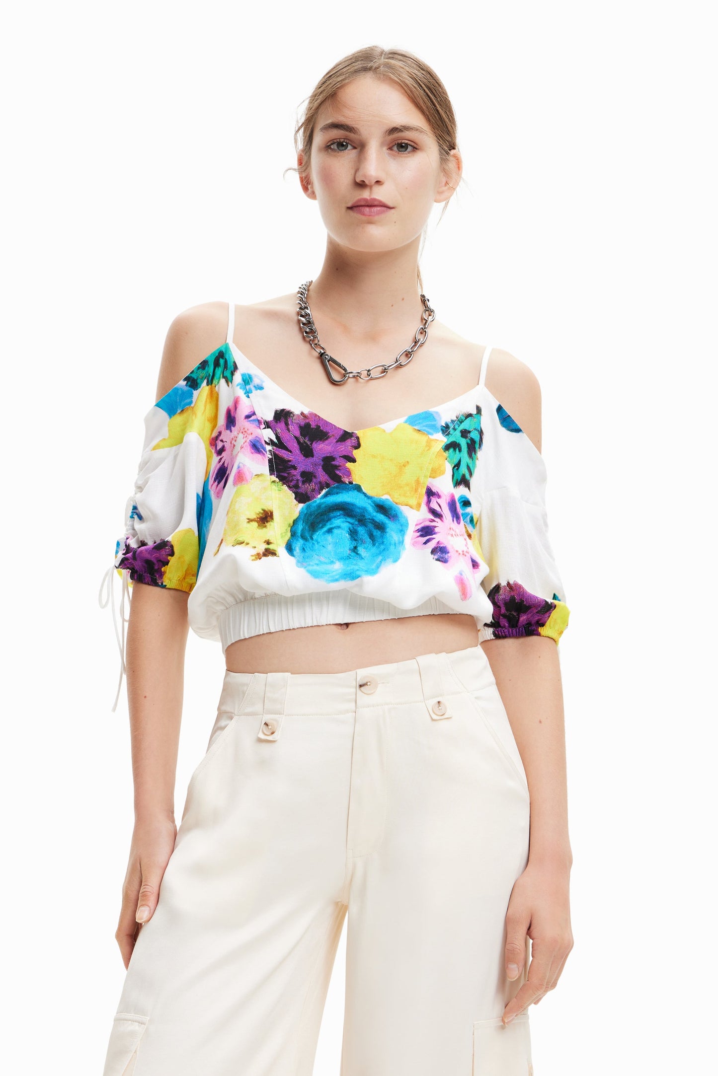 Desigual Floral Print Cold Shoulder Top - Vibrant European Style Desigual