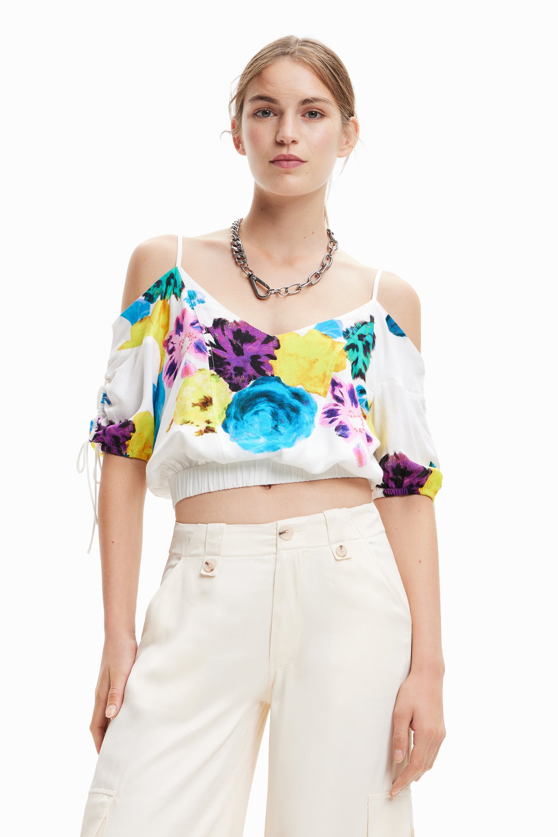 Desigual Floral Print Cold Shoulder Top - Vibrant European Style Desigual