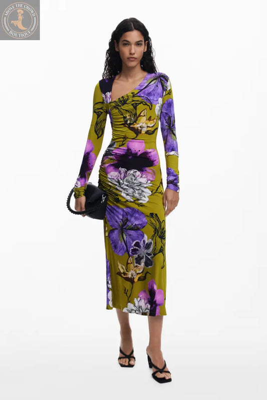 Desigual Floral Ruched Midi Dress - European Style, Flattering Fit Desigual
