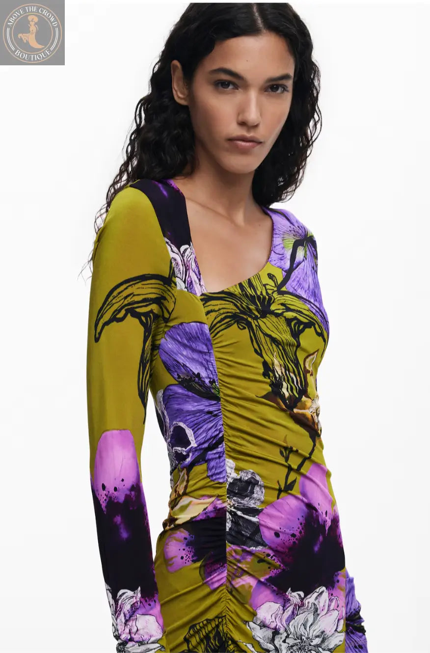 Desigual Floral Ruched Midi Dress - European Style, Flattering Fit Desigual
