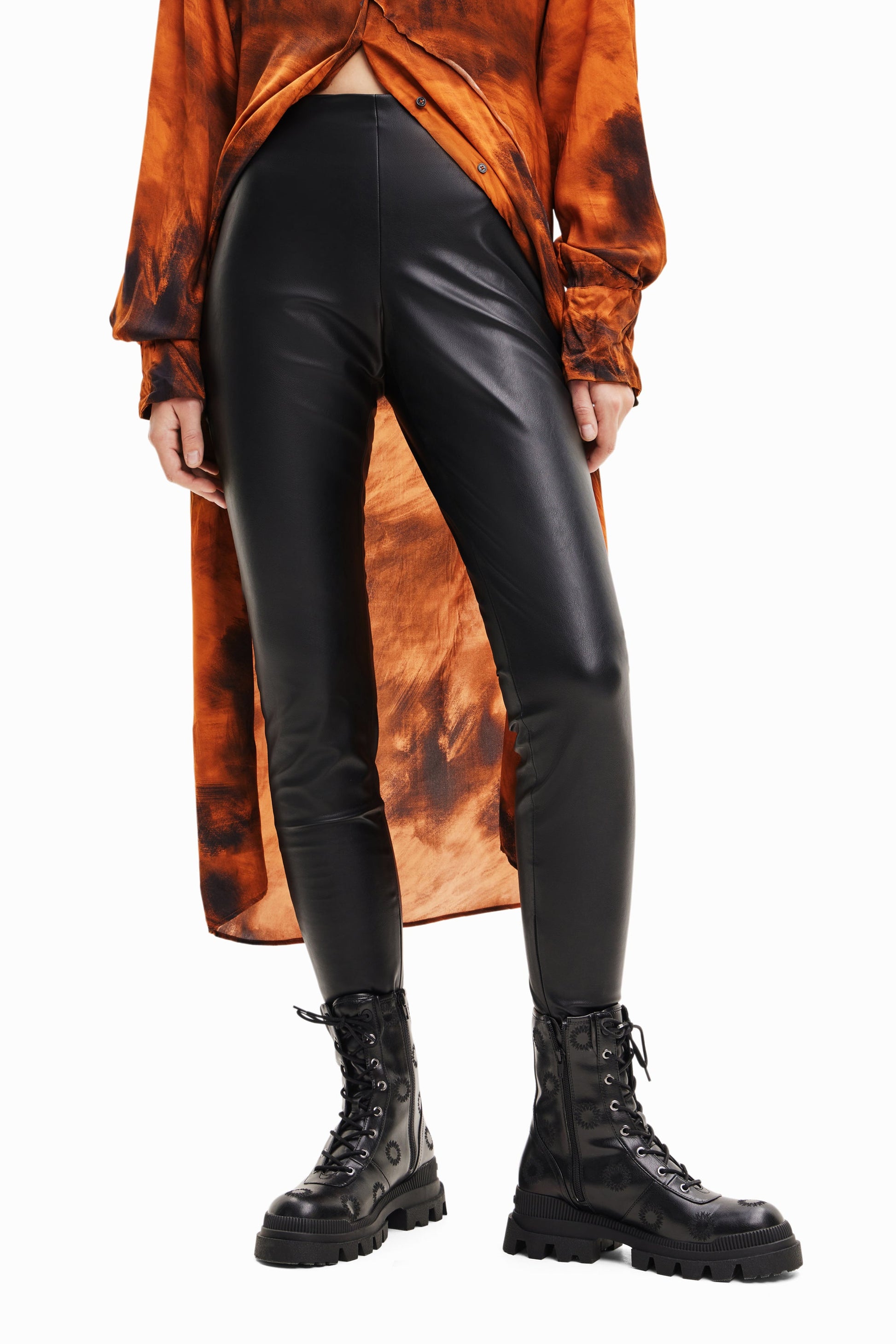 Desigual Leather-Effect Leggings - High Waist, Side Zip, Slit Hem - Stylish Black Pants Desigual