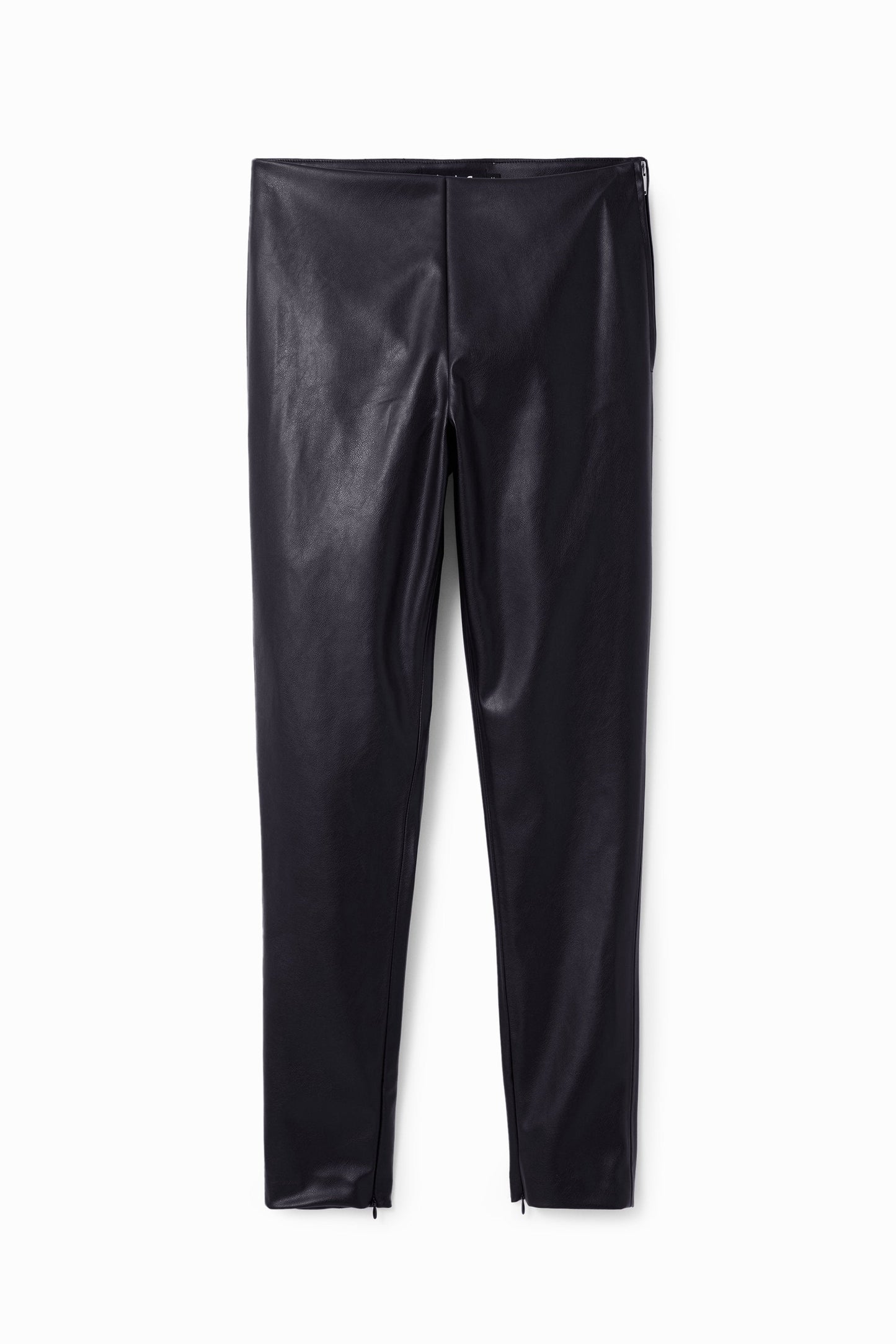 Desigual Leather-Effect Leggings - High Waist, Side Zip, Slit Hem - Stylish Black Pants Desigual