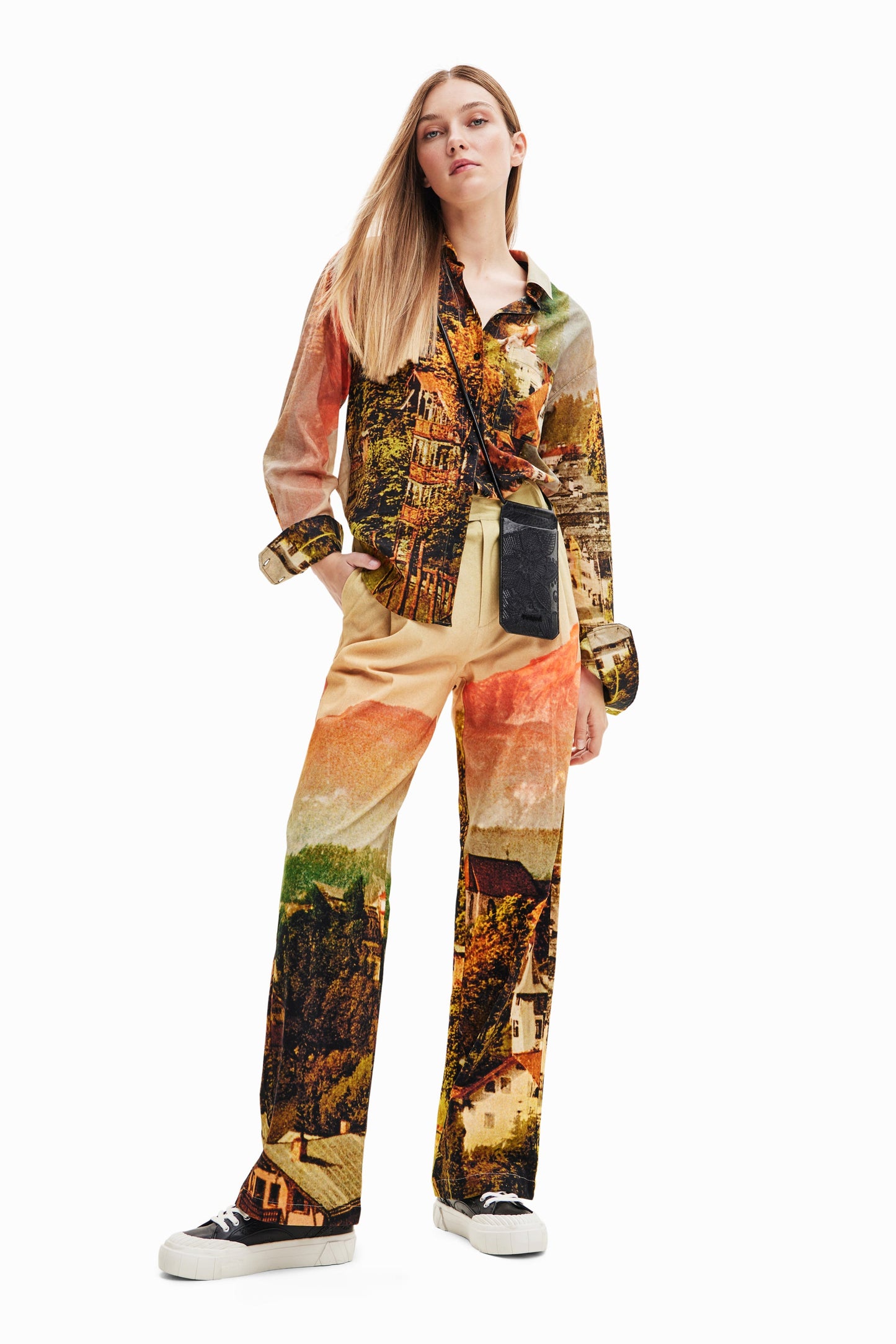Desigual M. Christian Lacroix Landscape Print Trousers - High Waisted Wide Leg Pants Desigual
