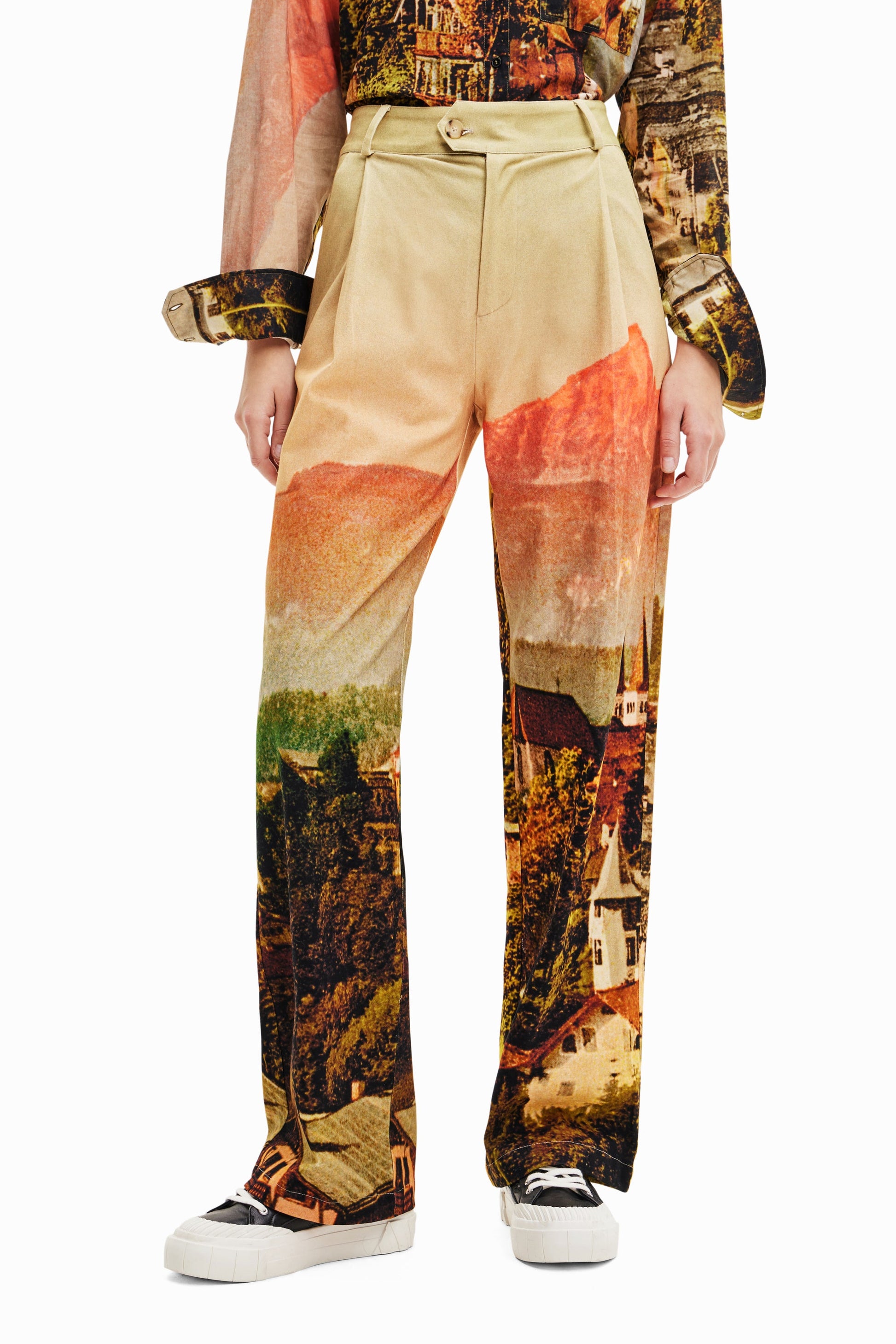 Desigual M. Christian Lacroix Landscape Print Trousers - High Waisted Wide Leg Pants Desigual