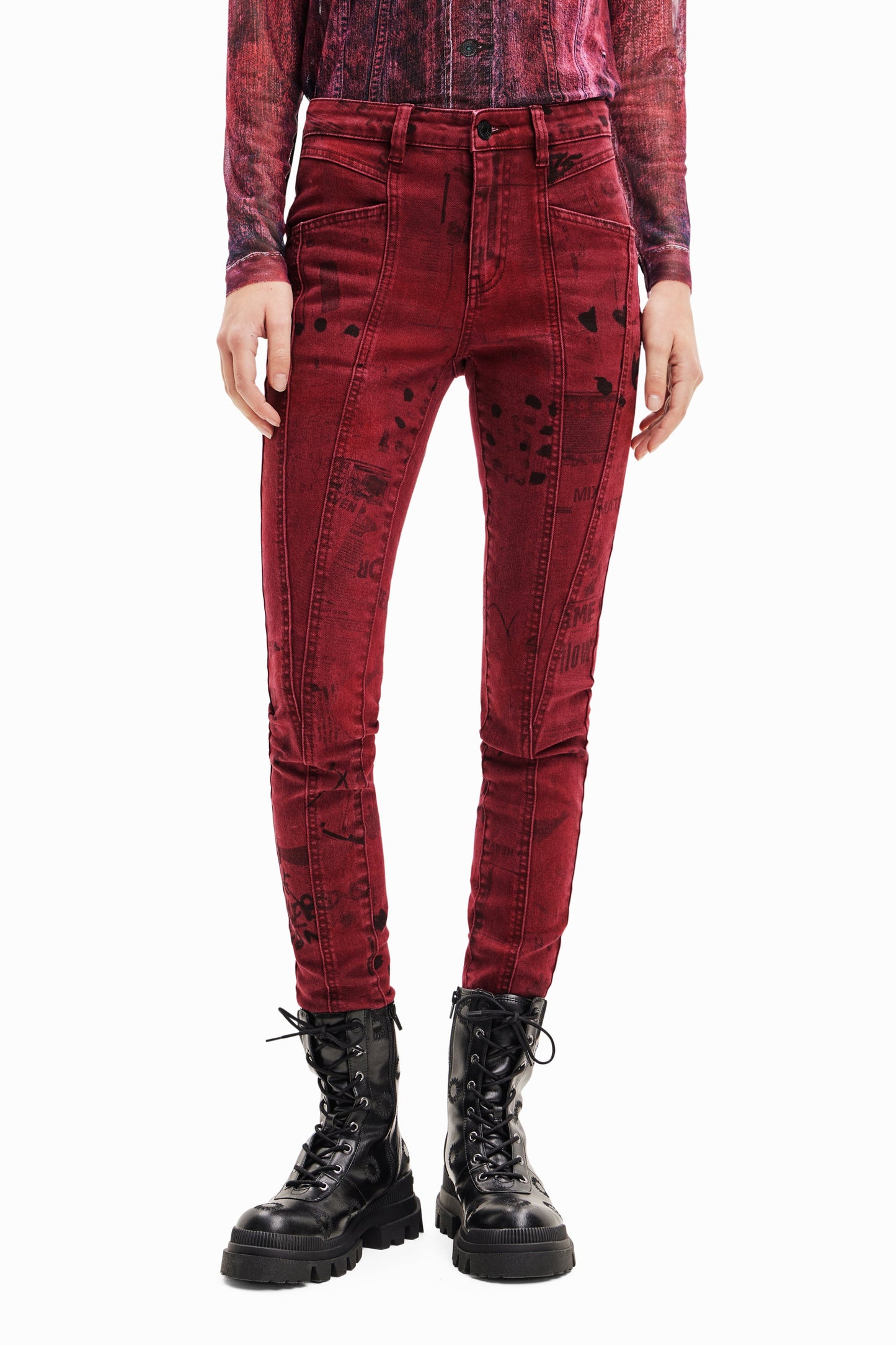 Desigual Newspaper Print Skinny Jeans - Mid-Rise, Push-Up Effect Desigual