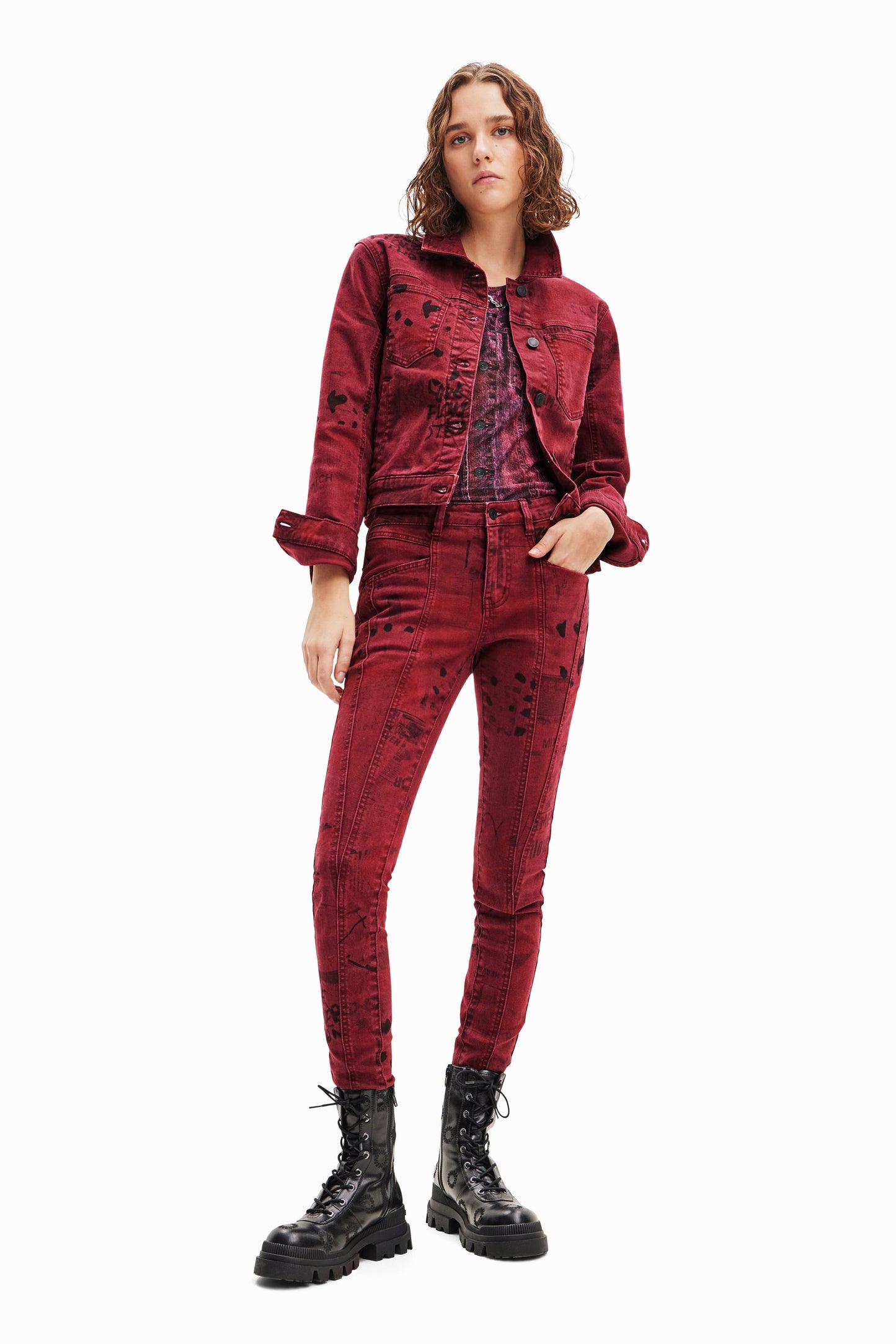 Desigual Newspaper Print Skinny Jeans - Mid-Rise, Push-Up Effect Desigual