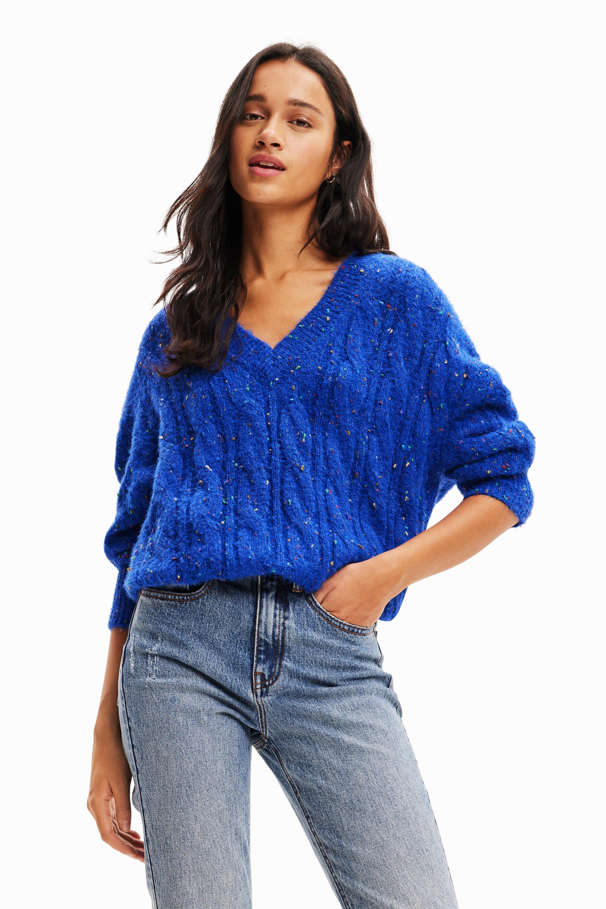 Desigual Oversize Cable Knit Pullover - Women's Multicolour V-Neck Sweater - European Fashion Desigual