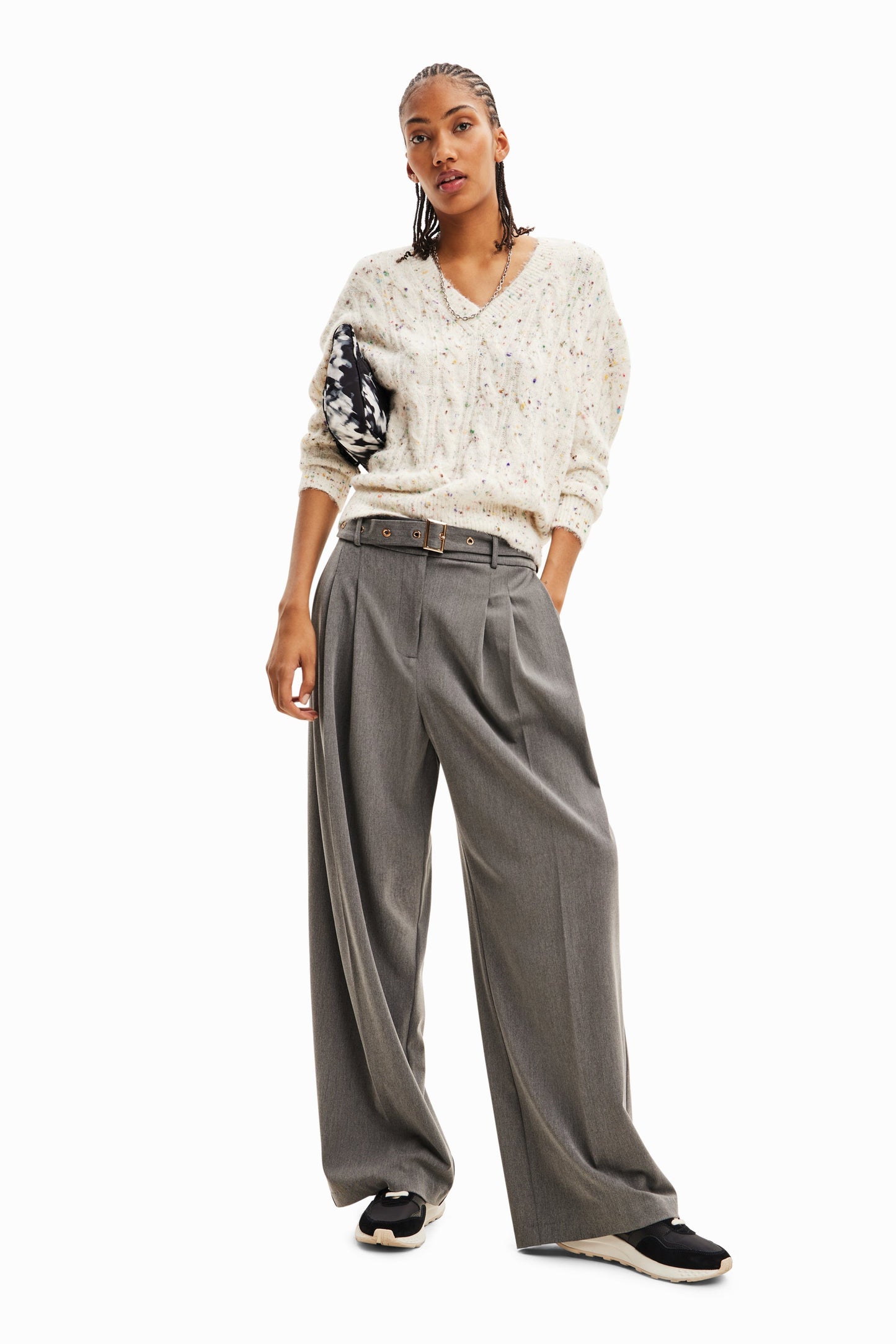 Desigual Oversize Cable Knit Pullover - Women's Multicolour V-Neck Sweater - European Fashion Desigual