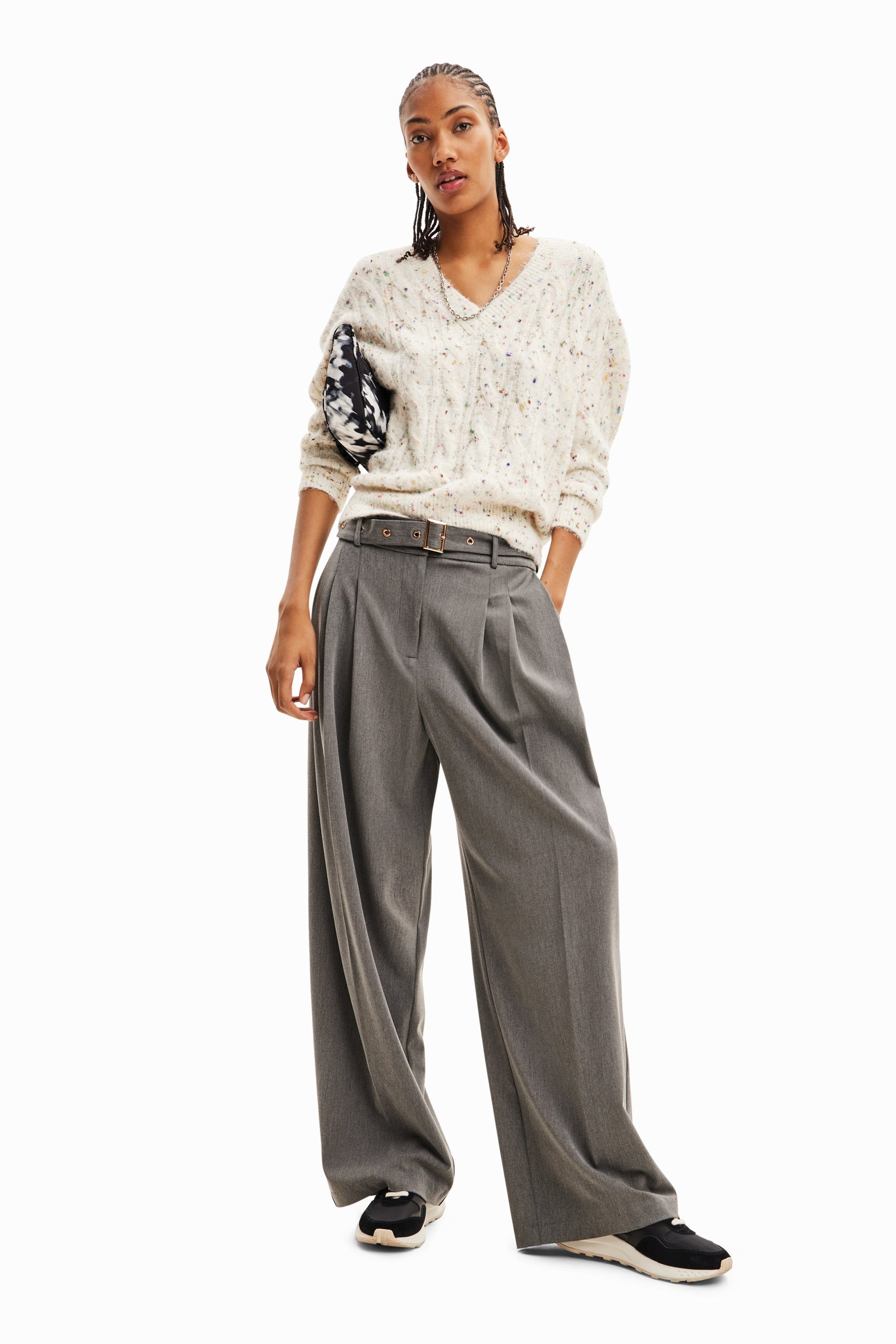 Desigual Oversize Cable Knit Pullover - Women's Multicolour V-Neck Sweater - European Fashion Desigual