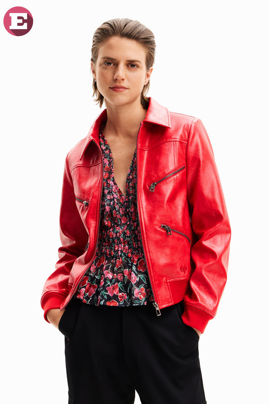 Desigual Red Faux Leather Jacket - European Style, Stand Out From The Crowd Desigual