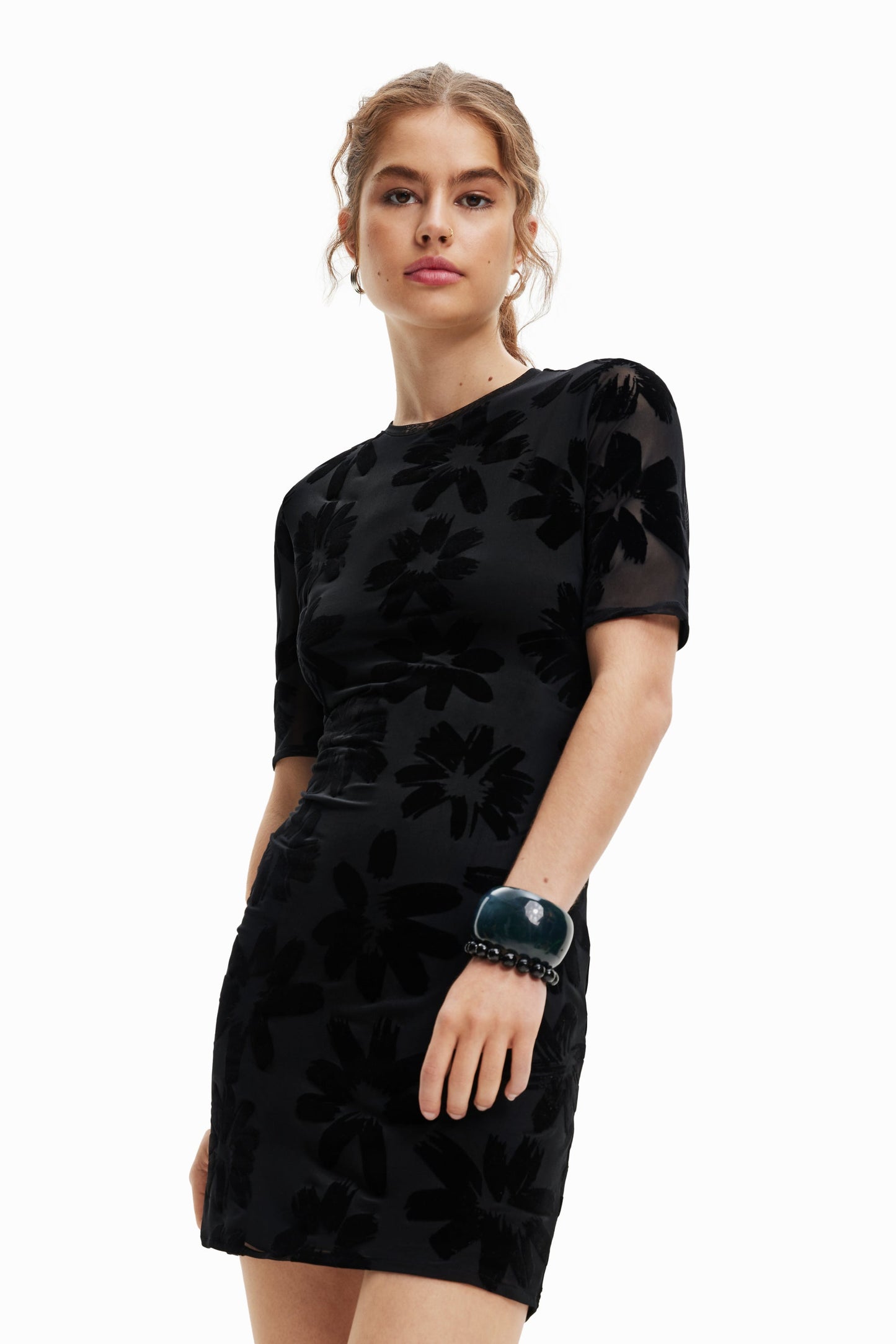 Desigual Short Black Floral Velvet Tulle Dress - Fitted & Stylish Desigual