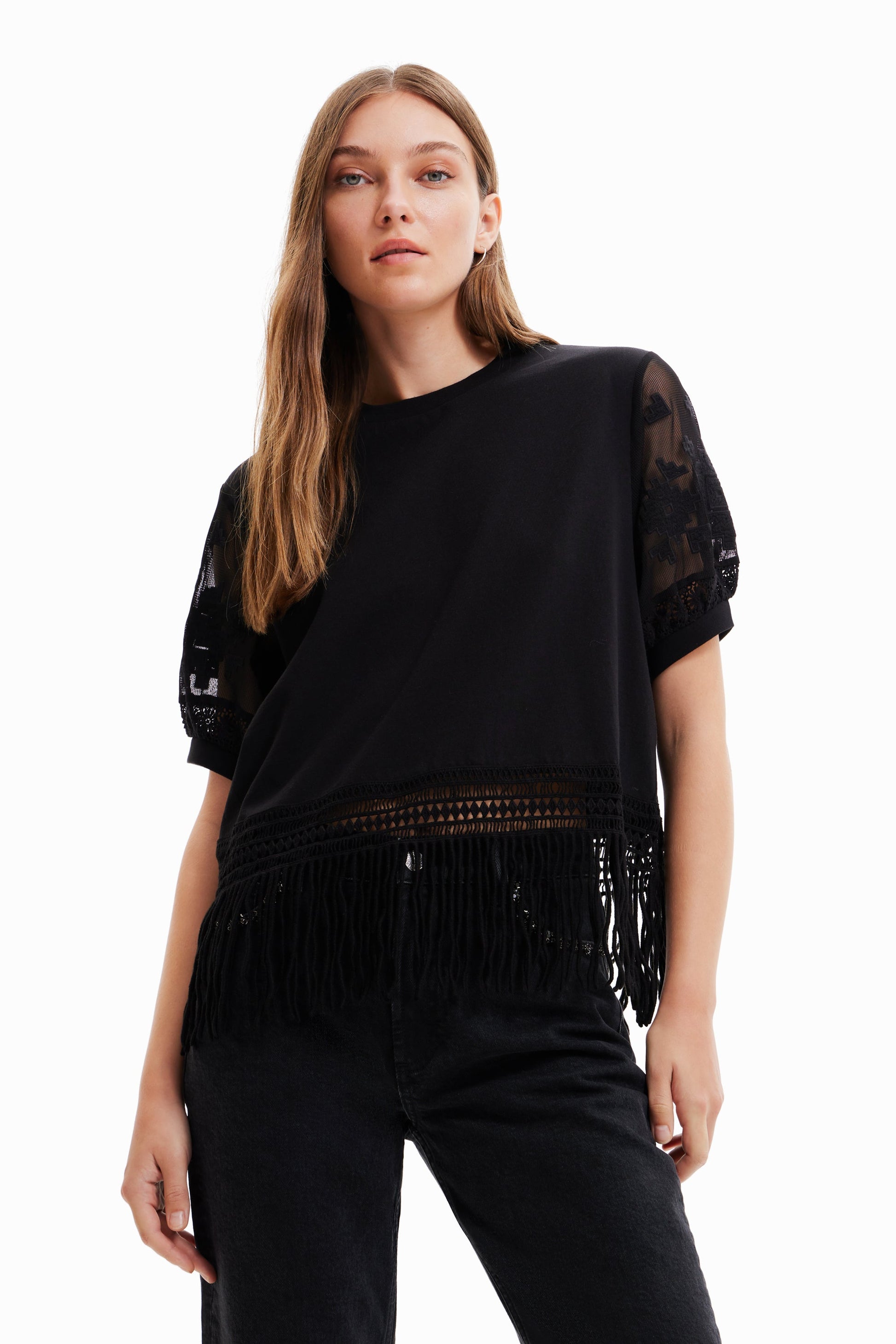 Desigual Women Black Blouse With Fringe 23SWTKX7 Desigual