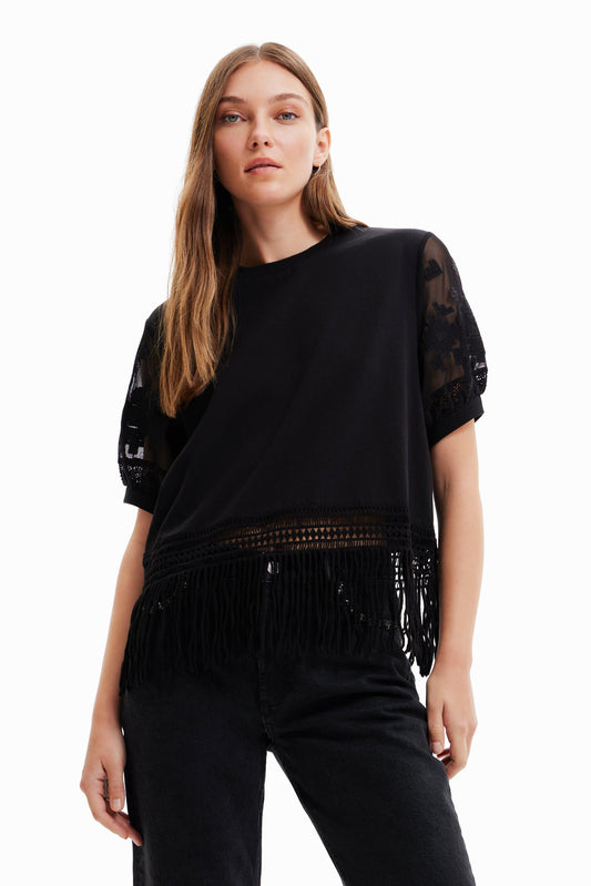 Desigual Women Black Blouse With Fringe 23SWTKX7 Desigual