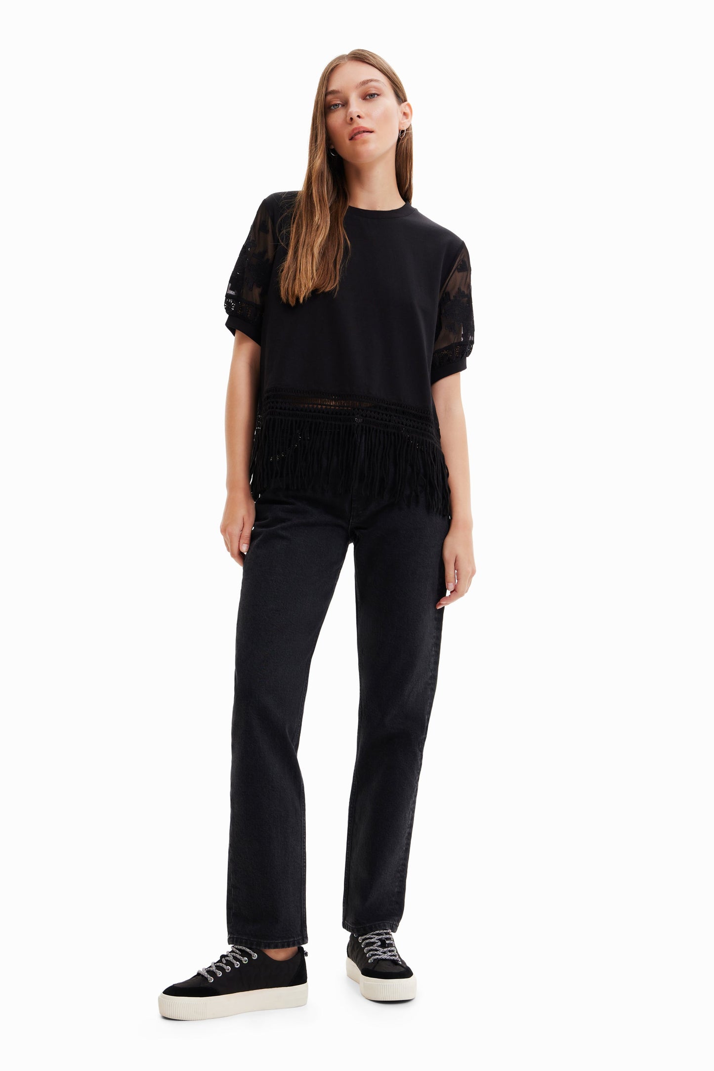 Desigual Women Black Blouse With Fringe 23SWTKX7 Desigual