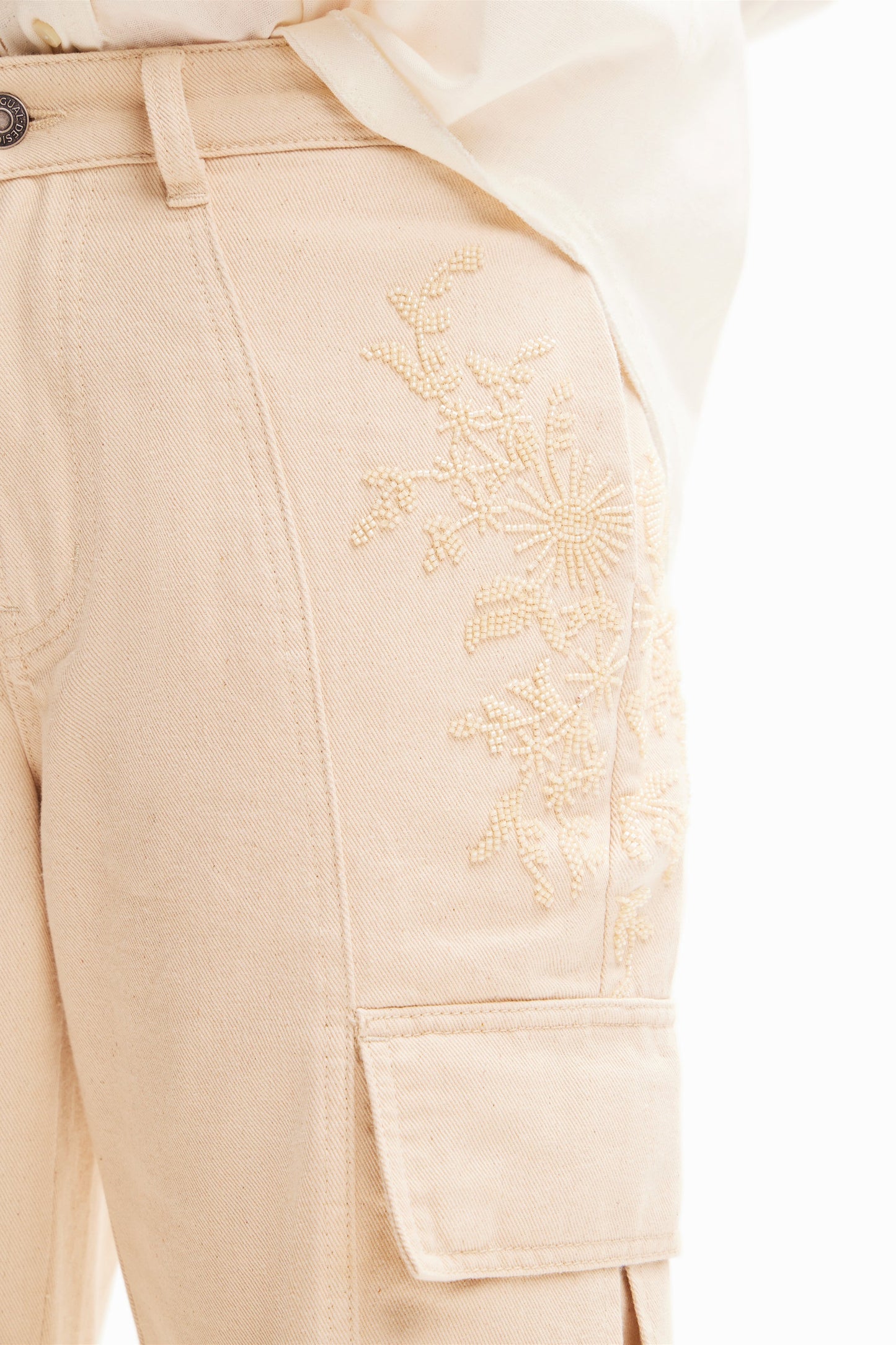Desigual Women's Beige Denim Cargo Pants with Floral Embroidery | Unique European Style Desigual